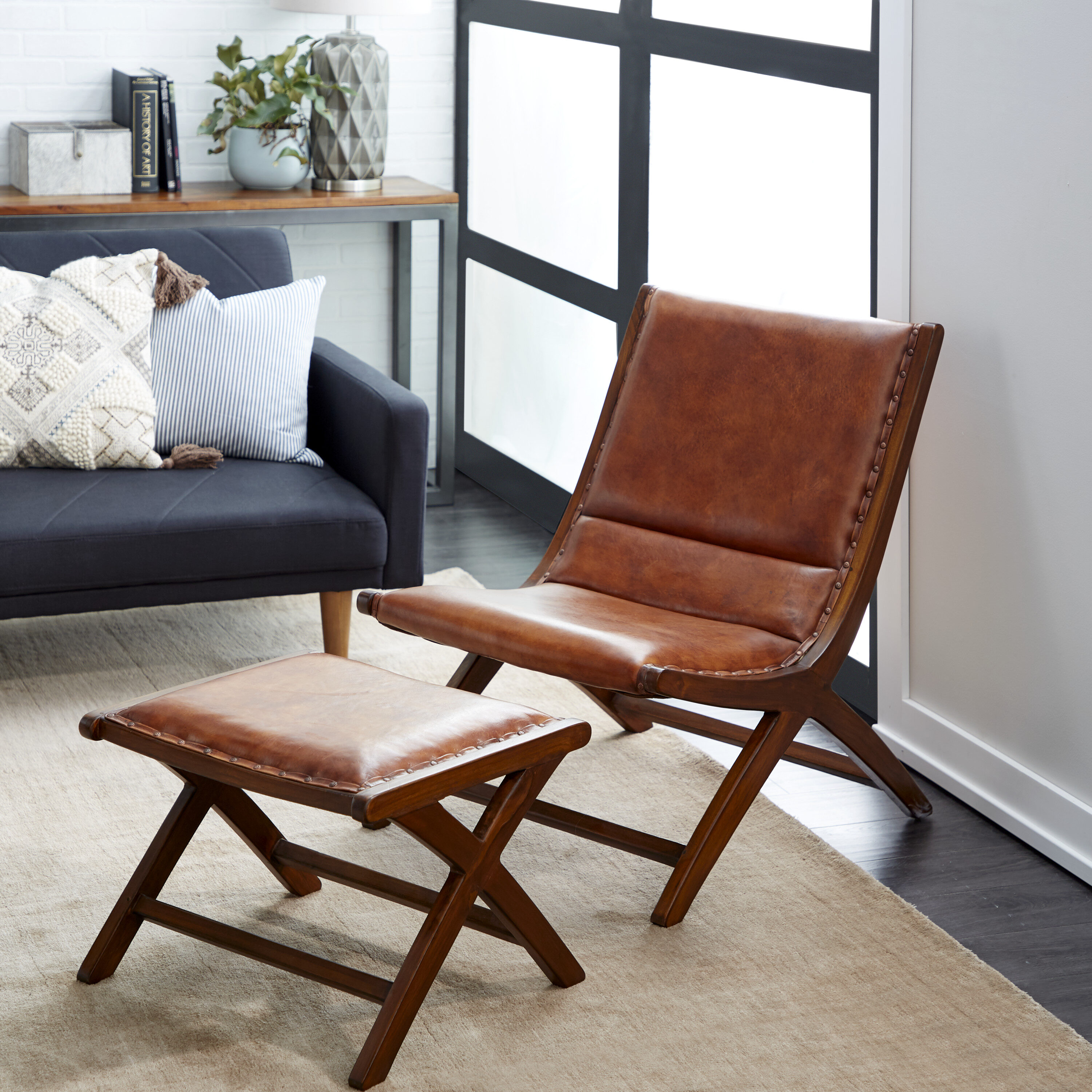 Set of 2 Brown Teak Wood Leather Accent Chairs with Ottoman