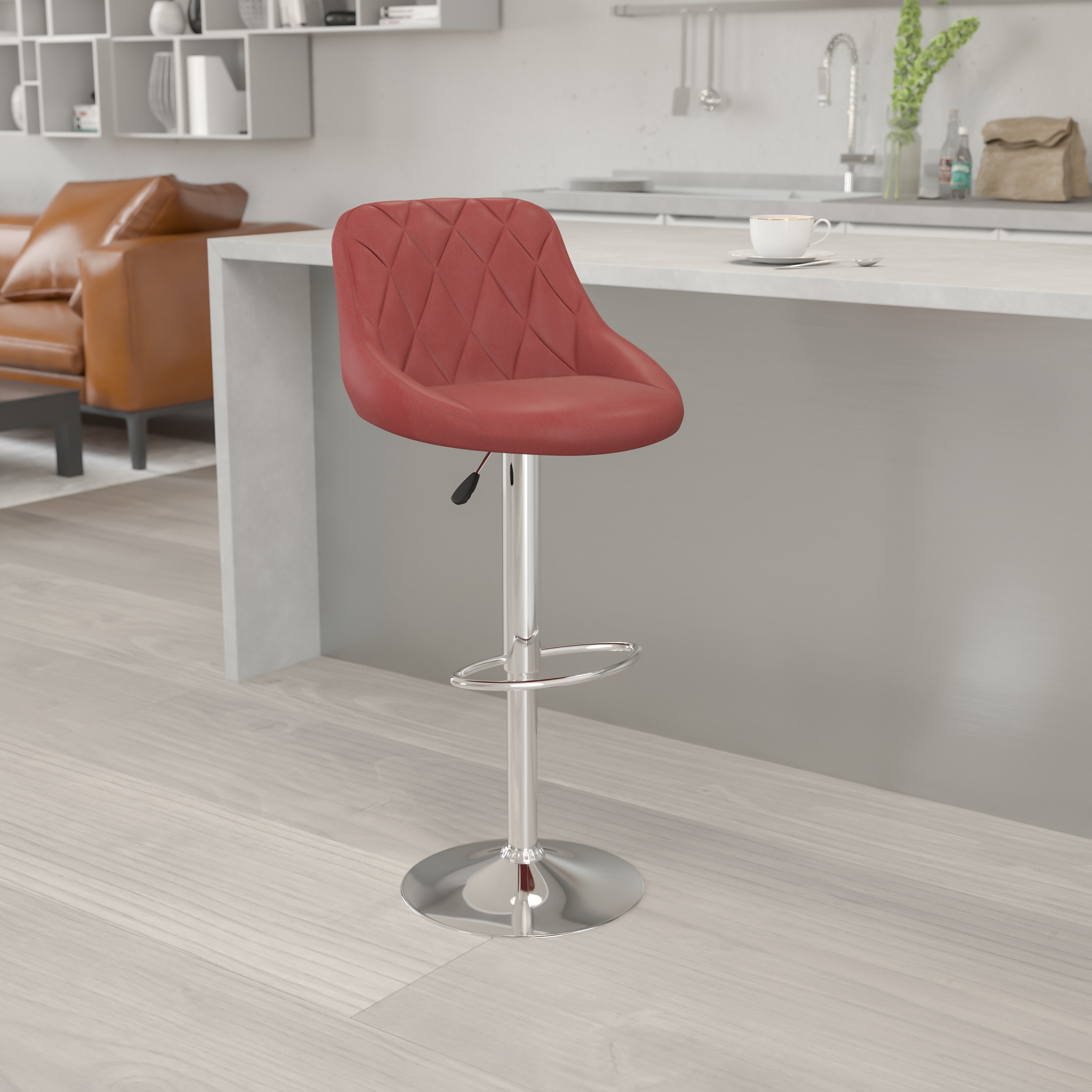 Burgundy Vinyl Adjustable Swivel Barstool with Chrome Base