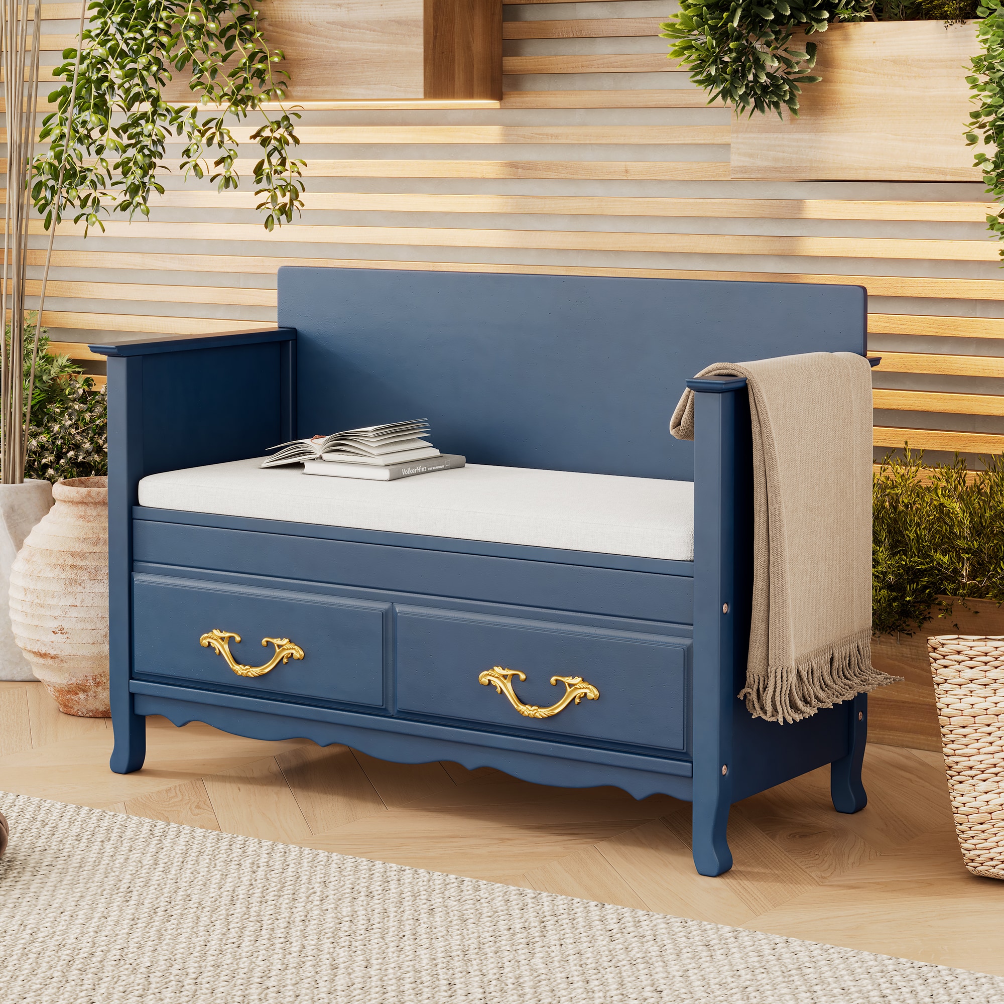 ModernLuxe N715P198567M Shoe Bench with Removable Cushion Entryway Bench with Hidden Storage for Entrance and Living Room Shoe Storage Bench with Back Antique Navy