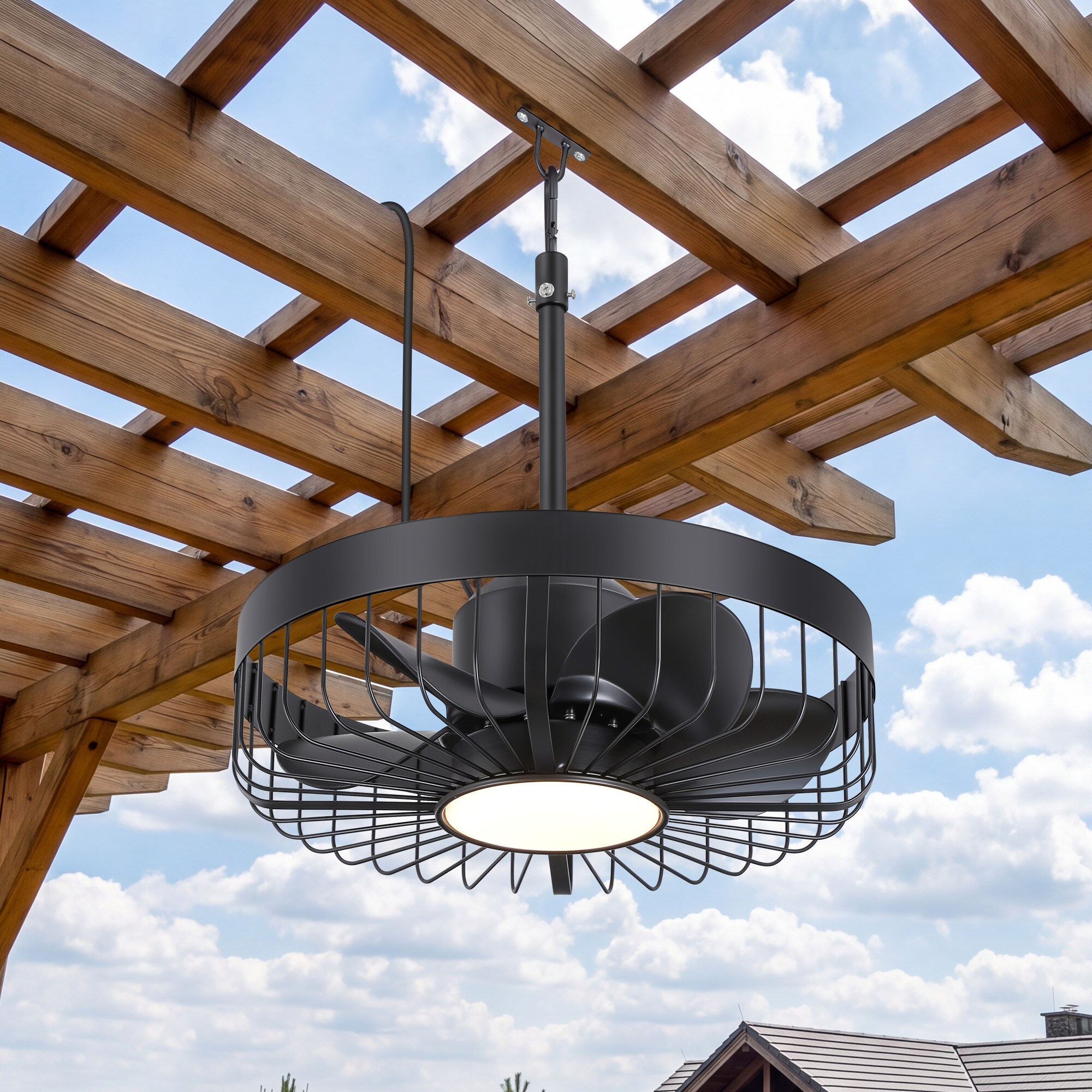 Flashwind 19-in Matte Black LED Wet Rated Indoor/Outdoor Caged Ceiling Fan With Remote Control Included 5-Blade