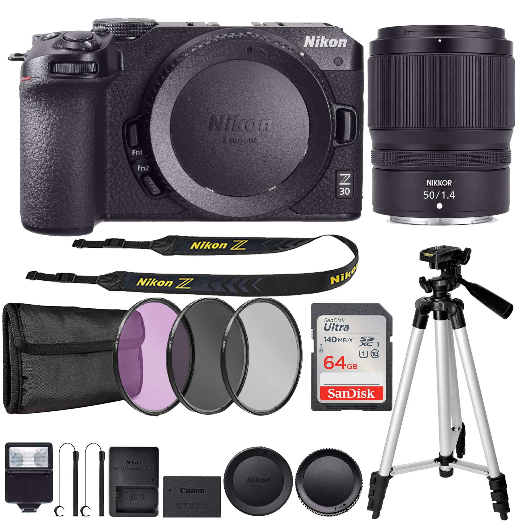 Nikon  Z30 Mirrorless Camera Body Only Black with  NIKKOR Z 50mm F1.4 Lens 64GB Memory Card 3 Piece Filter Kit Tripod Flash Lens Cap Holder 2 Pack and UV CPL ND8 Filter Kit