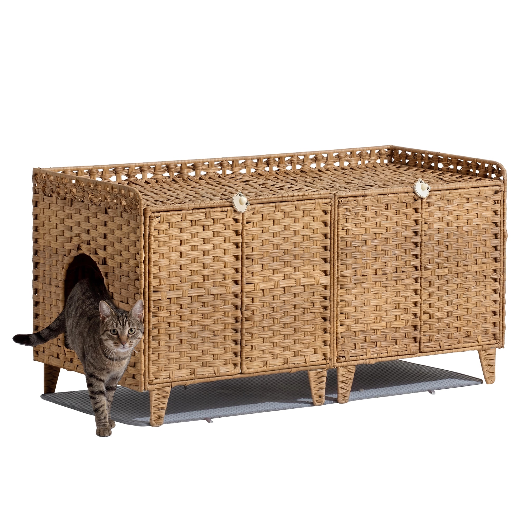 Garvee Double Litter Box Enclosure for 2 Cats Rattan Hidden Cat Furniture with Litter Mat 2 Hooks Doors Large Cat House for 2 Litter Boxes Easy Clean 47.2L x 19.7W x 23.6H inch