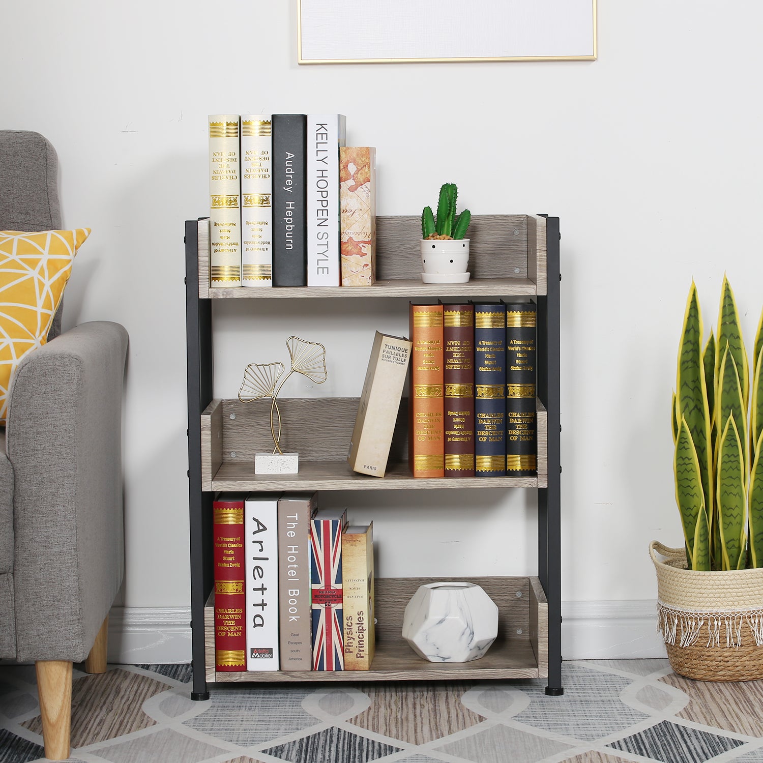 Vecelo LOE-JYX-MB01-BRN 3 Tier Bookshelf Small Bookcase Storage Organizer Shelving Unit for Home Office Living Room Dormitory