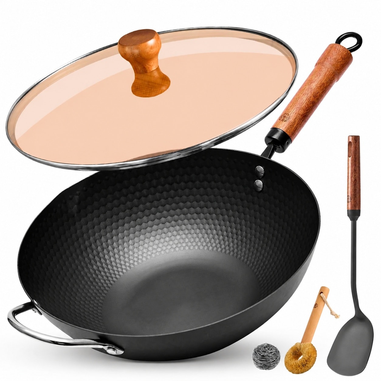 Aoibox  12 6 in Iron Wok Set with Lid and Spatula Nonstick Flat Bottom for Induction Gas Electric Stovetops