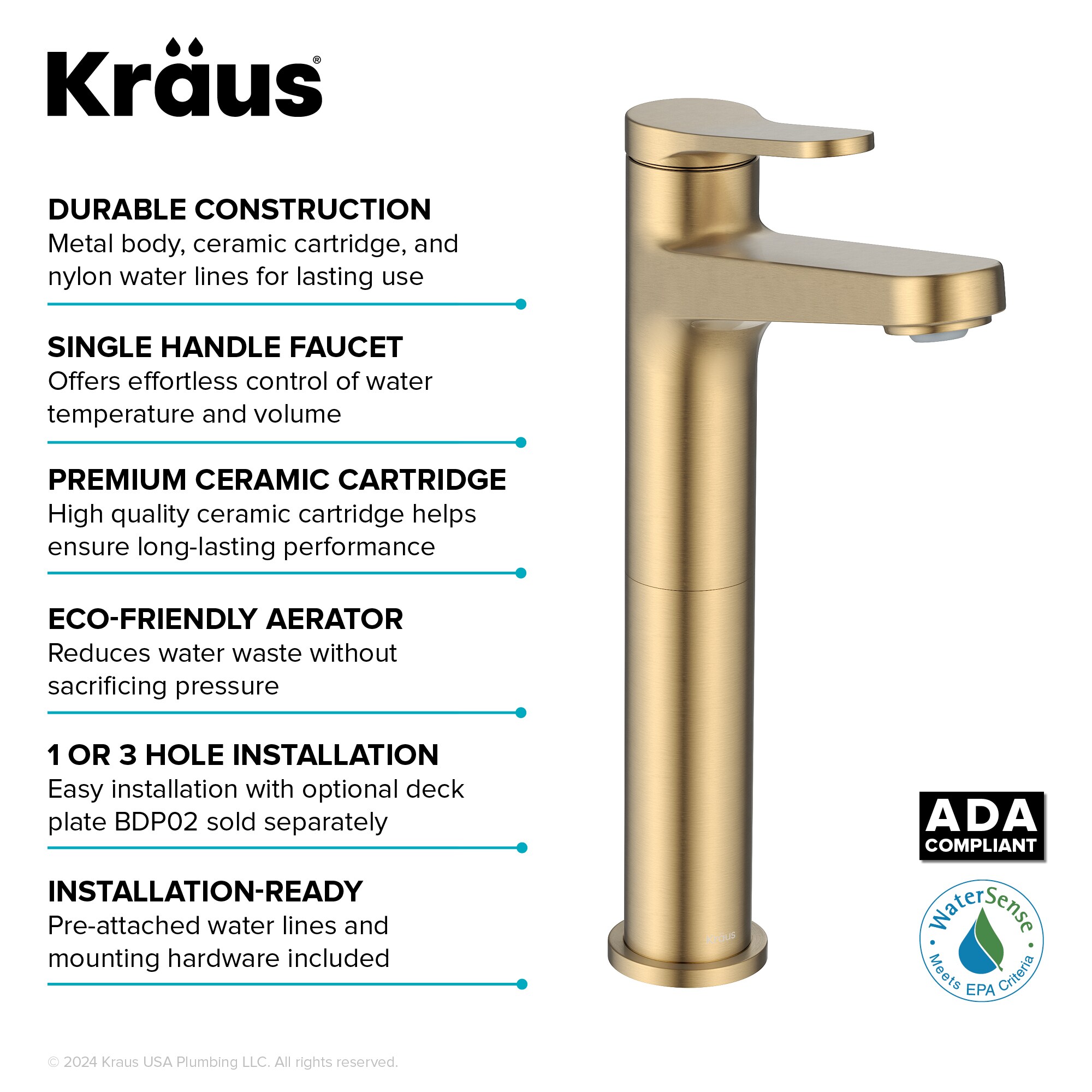 Indy Spot-Free Brushed Brass Single Handle Vessel Sink Faucet