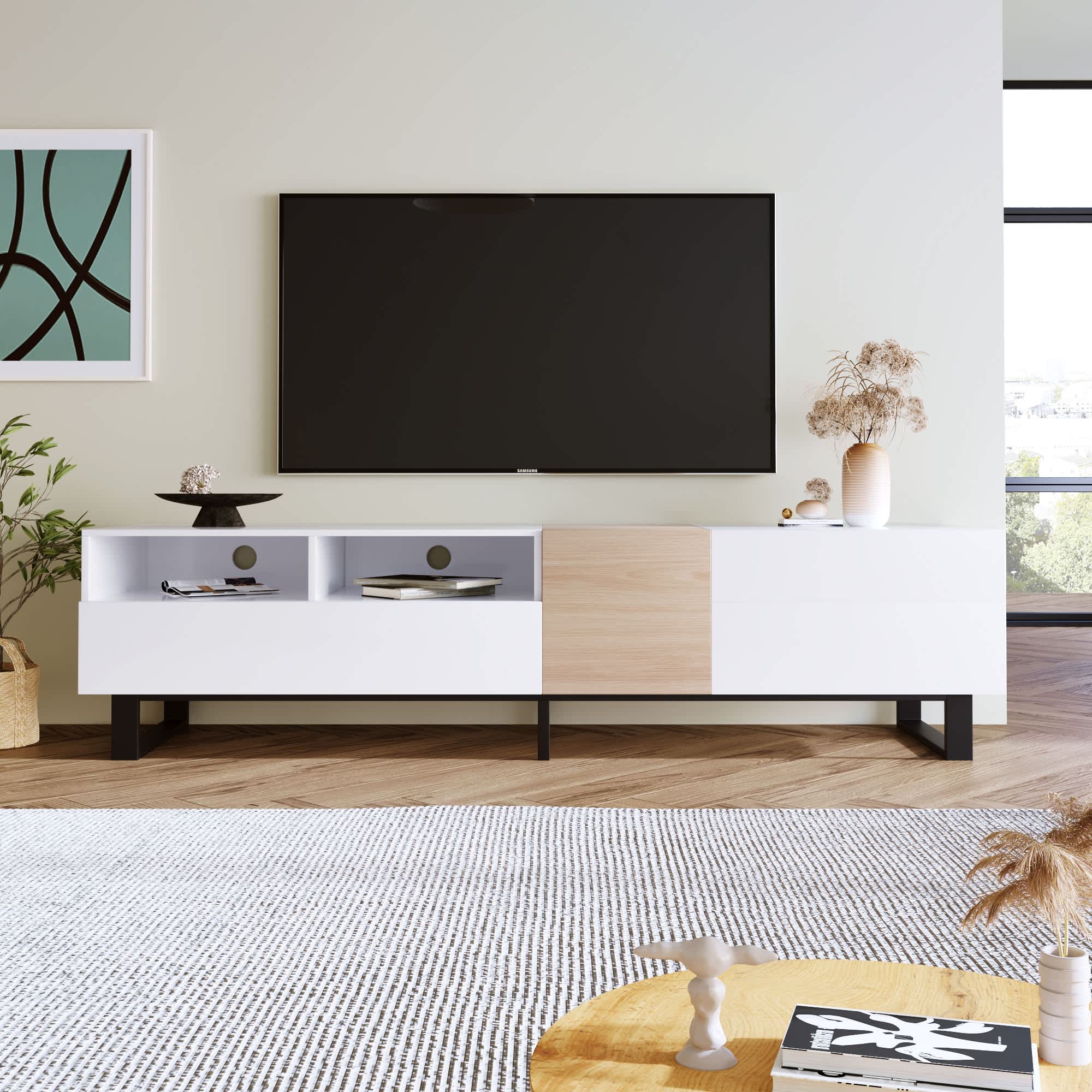 Vynxaria LESX1391-DJTV-ST028 Modern 80 Inch TV Stand with Double Storage and Drop Down Doors   Versatile Media Console for Living Room and Home Theatre
