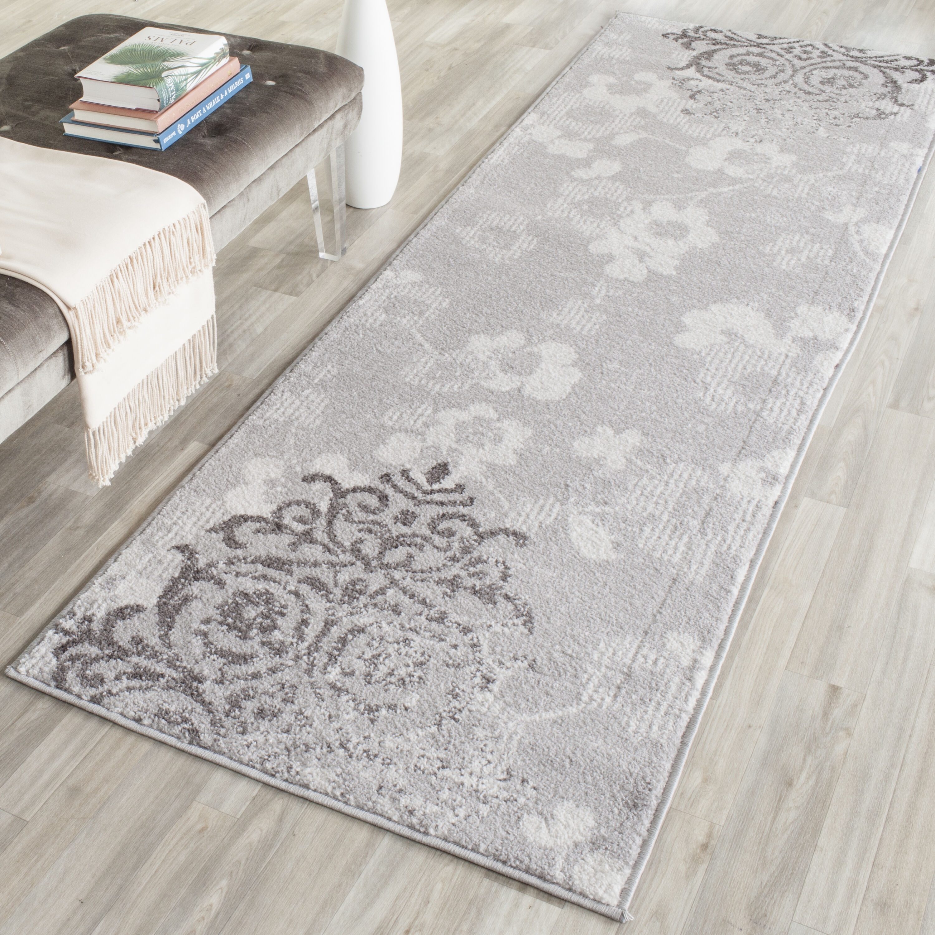 Safavieh ADR114B-210 Adirondack Serene 2 x 10 (ft) Loomed Polypropylene Silver/Ivory Rectangular Indoor Damask Coastal Runner rug