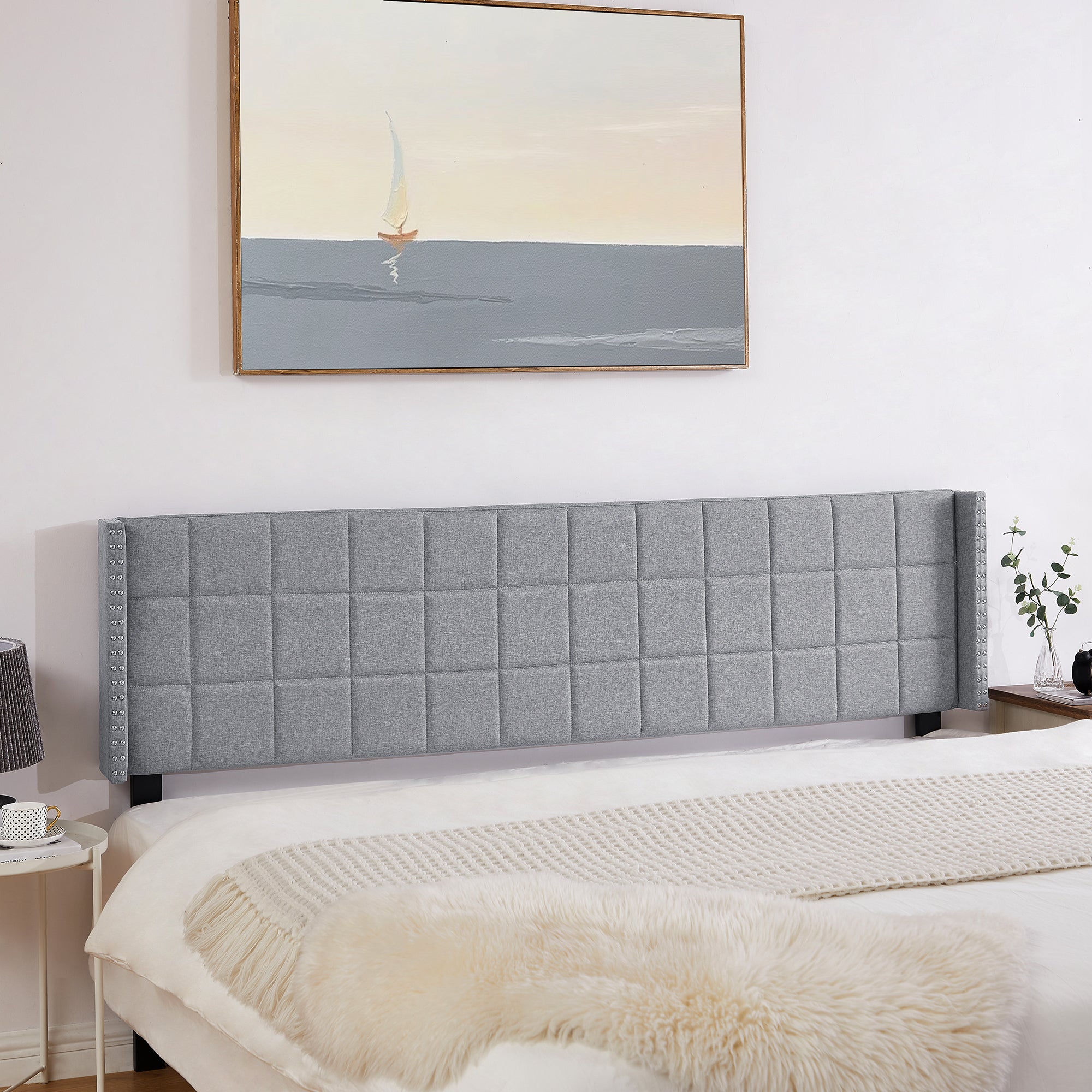 Vecelo LOE-HK01-LGRY Adjustable Height Upholstered Wingback Headboard Modern Channel Design