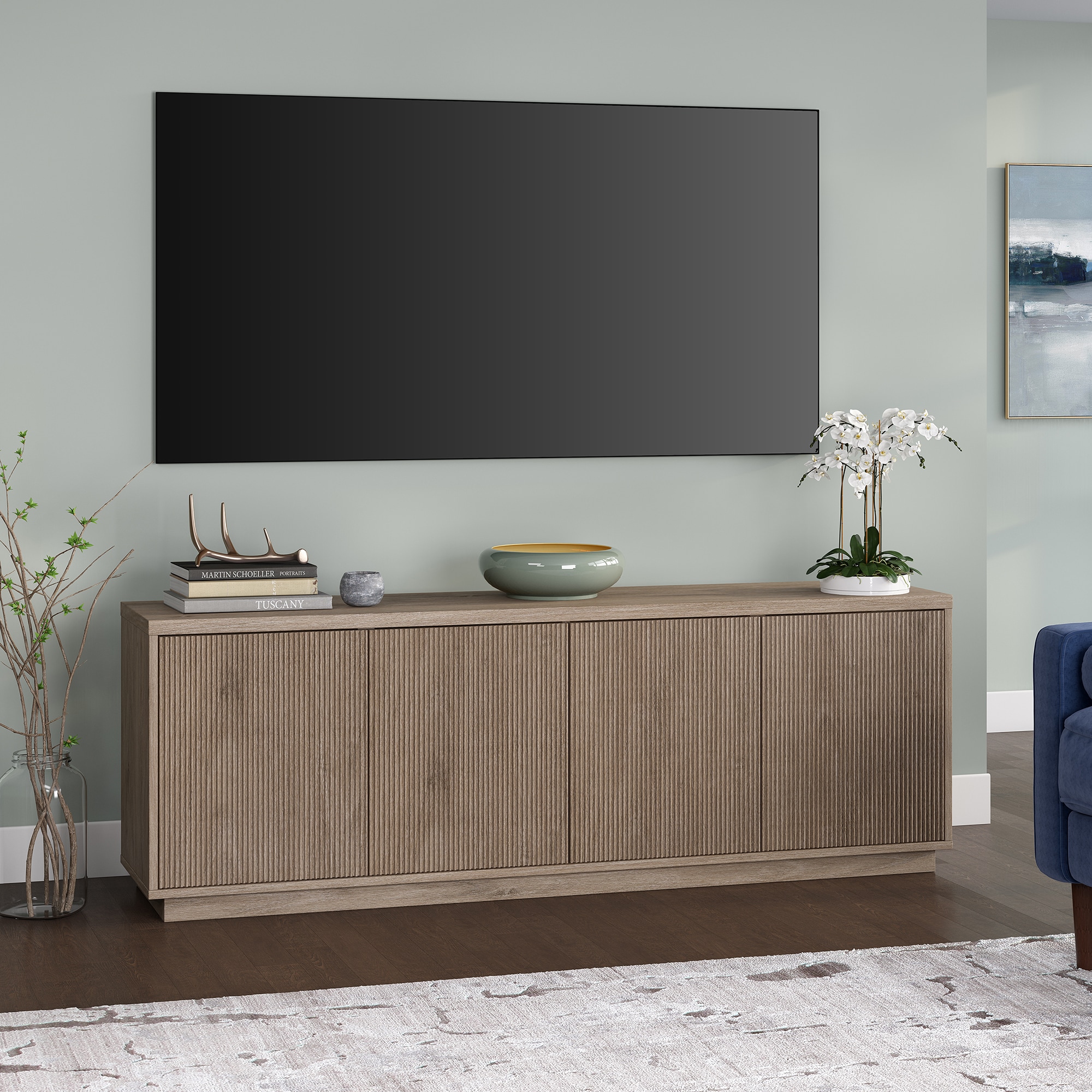 Antiqued Gray Oak Rectangular TV Stand with Cabinet for TVs up to 75"