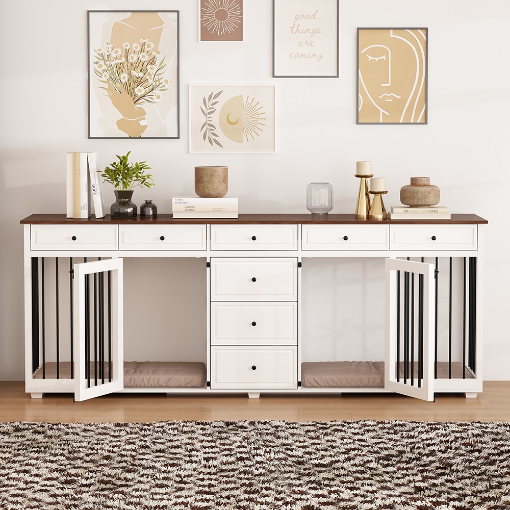 Homsee V-KF150167-01-AB Extra Large Indoor Wooden Dog Crate with Steel Divider and Drawers White and Walnut Furniture Style Pet Kennel for Medium to Large Dogs