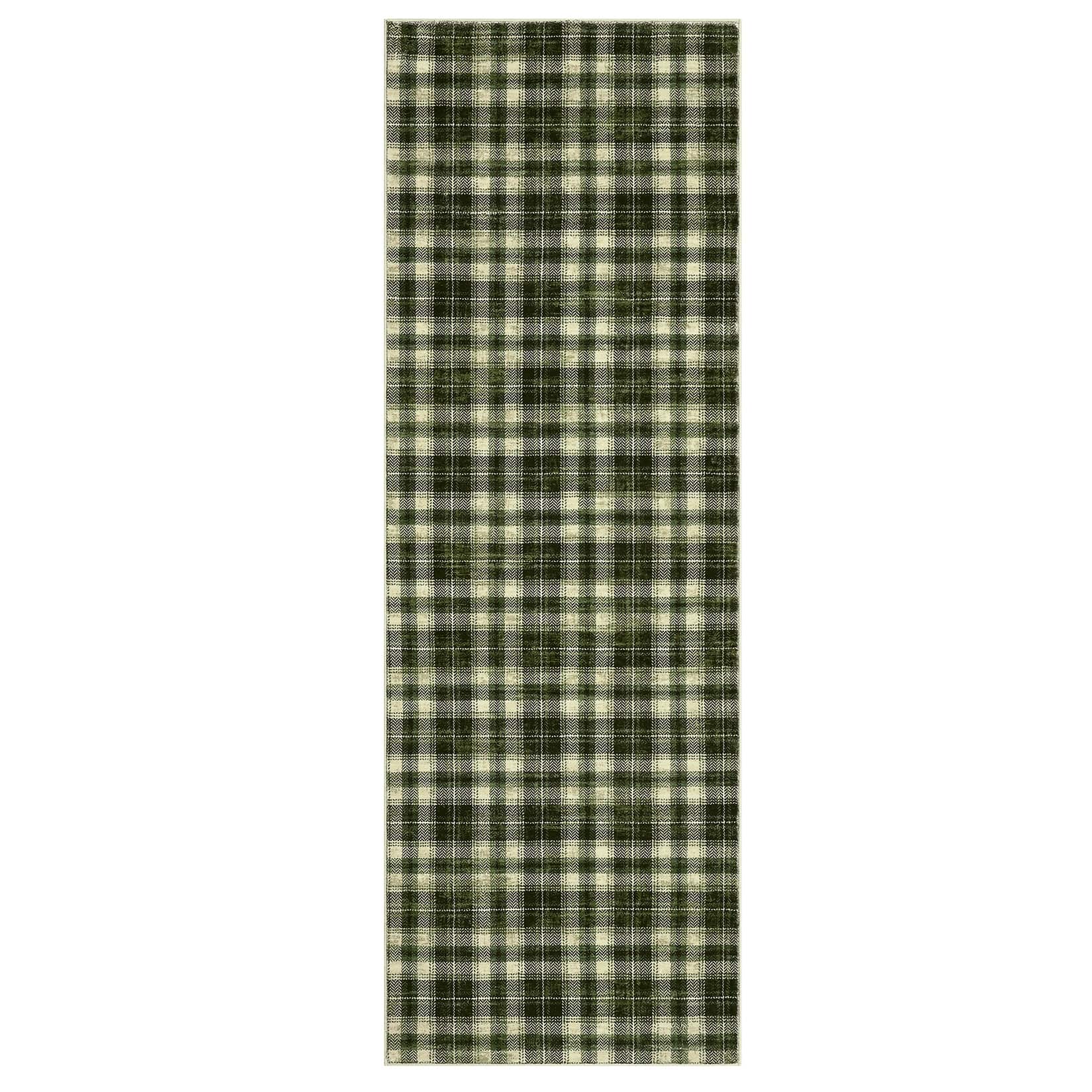 Qeetex SUNNY-PHO-13CGGGPC 2 x 8 ft Polyester Green Rectangular Laundry Bathroom Kitchen Geometric Lattice Print Modern Machine Washable Runner Rug