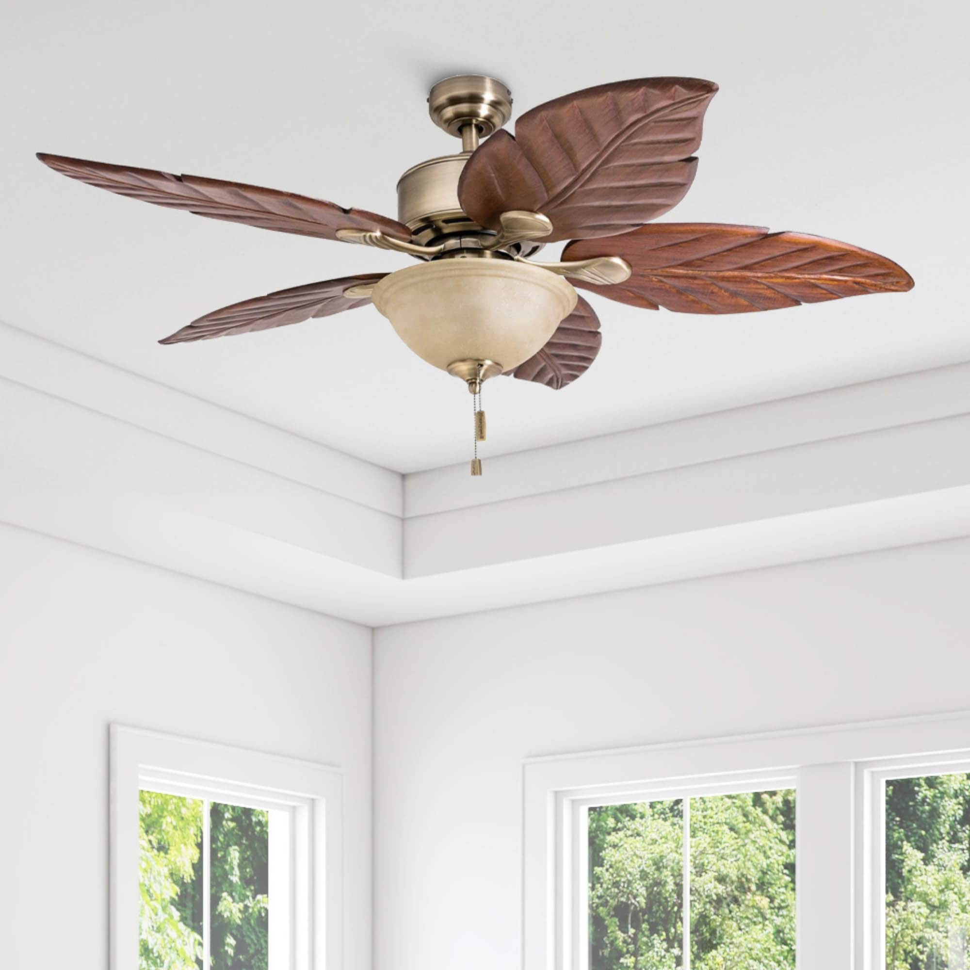 Honeywell 50500-26 Sabal Palm 52-in Downrod or Flush Mount Aged brass with Dark Cherry Hand Carved Wood Blades Ceiling Fan With Light ( 5 -Blade )