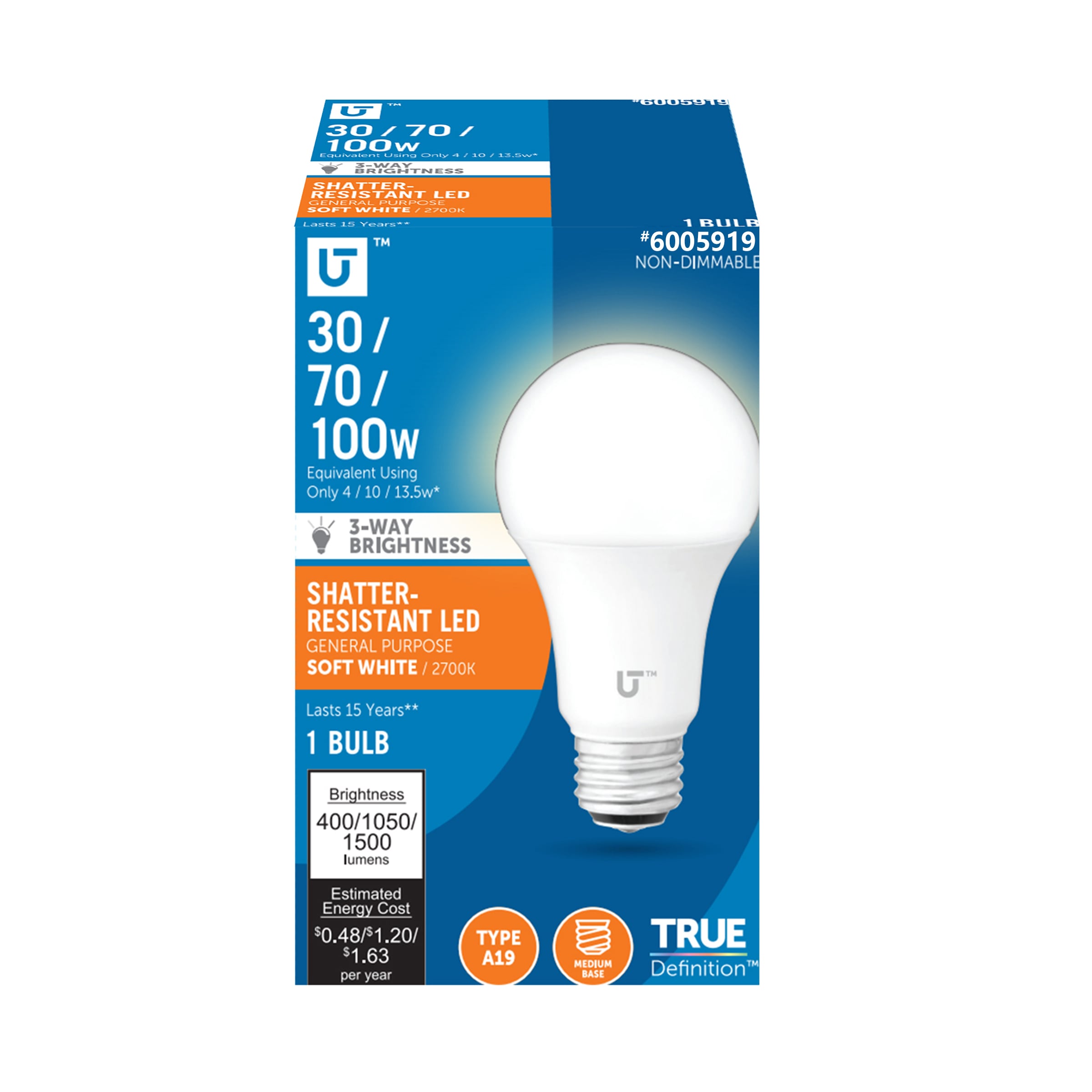 Utilitech YGA03C86-3WAY-927 3-Way 100 -Watt EQ A19 Soft white Screw bases LED General purpose Light Bulb