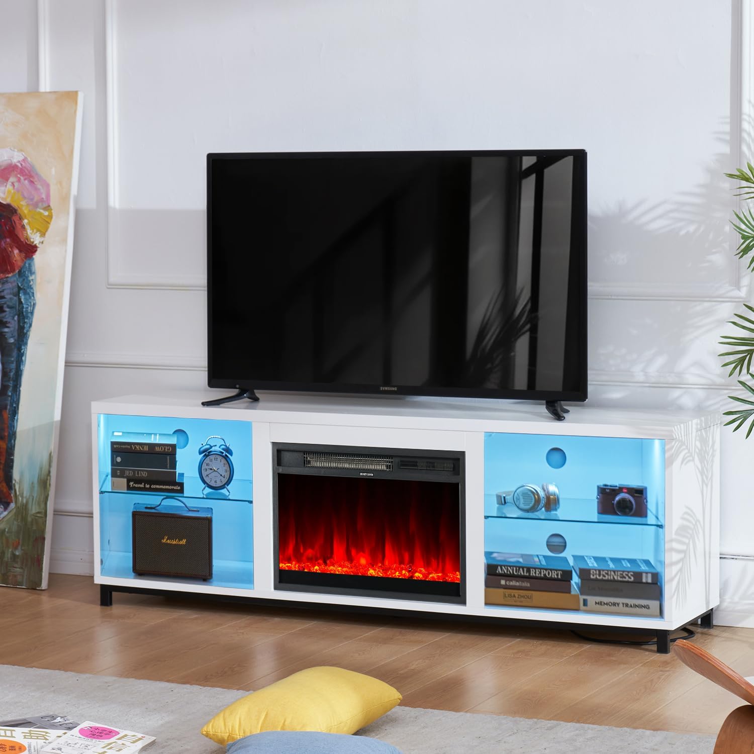 AOXUN H21017WH+H20021 68-Inches W White TV Stand with LED Flat wall Electric Fireplace with Remote Control Included