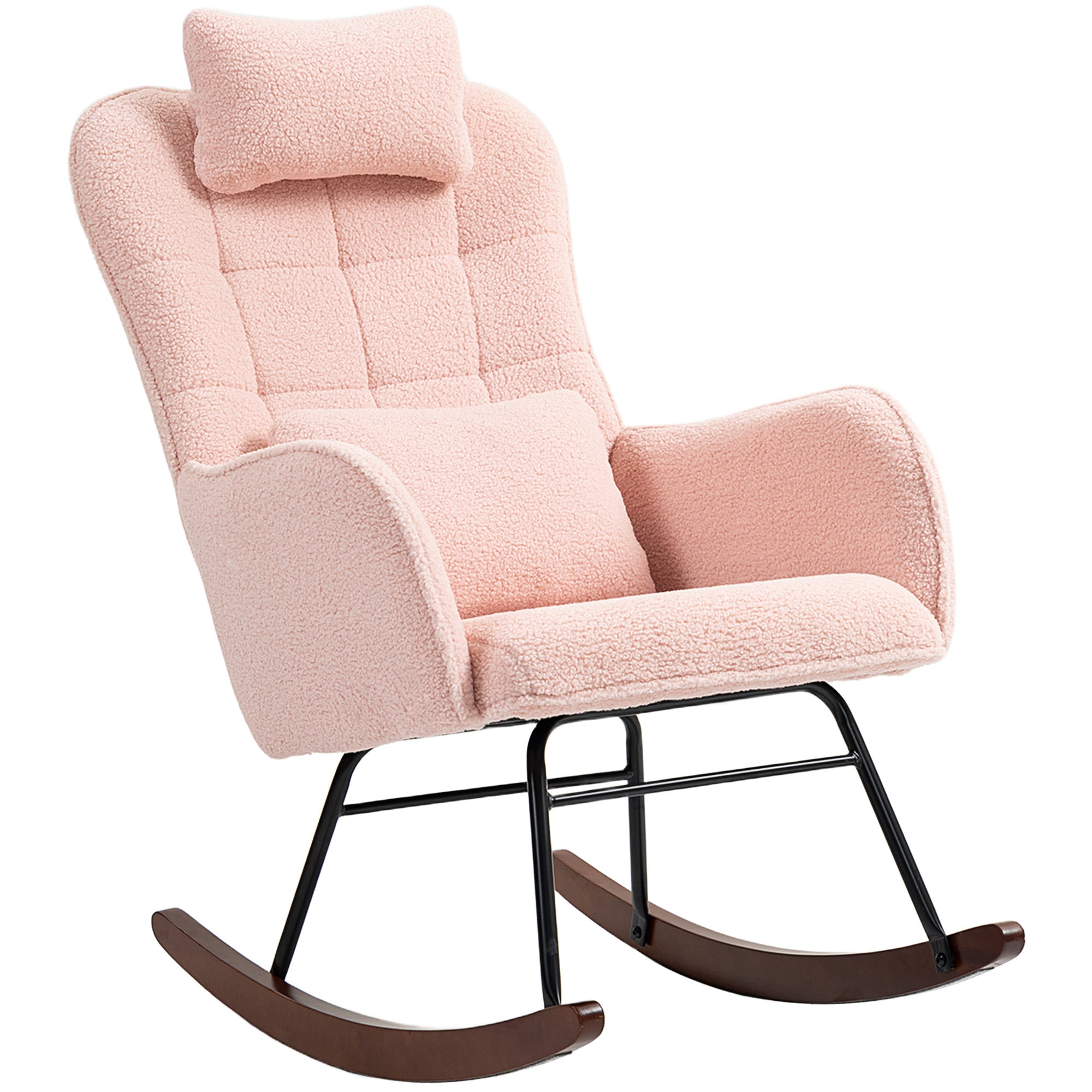 HomCom 83B-201V00PK Upholstered Rocking Chair with Headrest and Lumbar Pillow  High-Back Teddy Fleece Rocker with Steel Frame for Living Room  Bedroom  Pink
