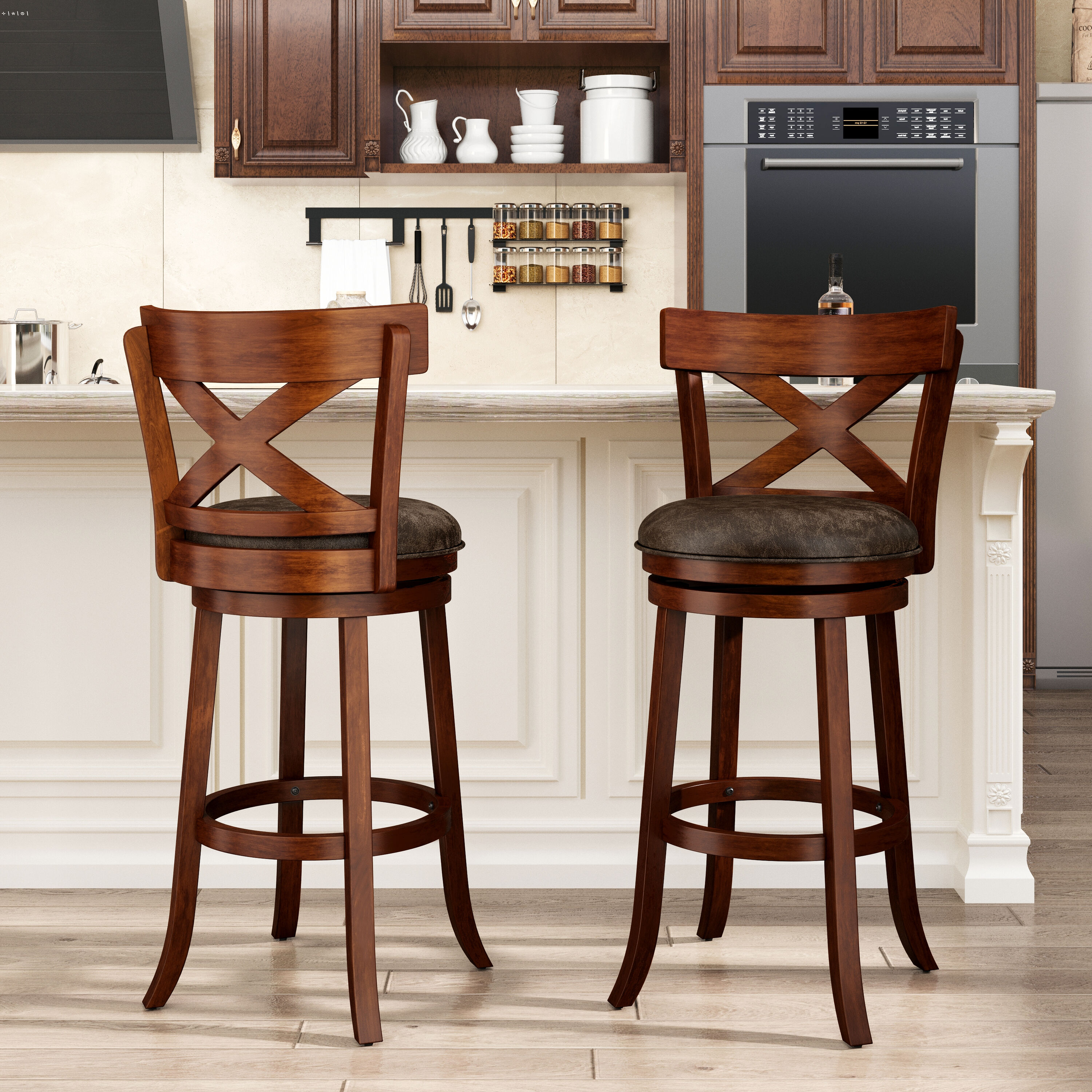 Sunshine Valley Dark Brown 30-in H Upholstered Swivel Wood Bar Stool