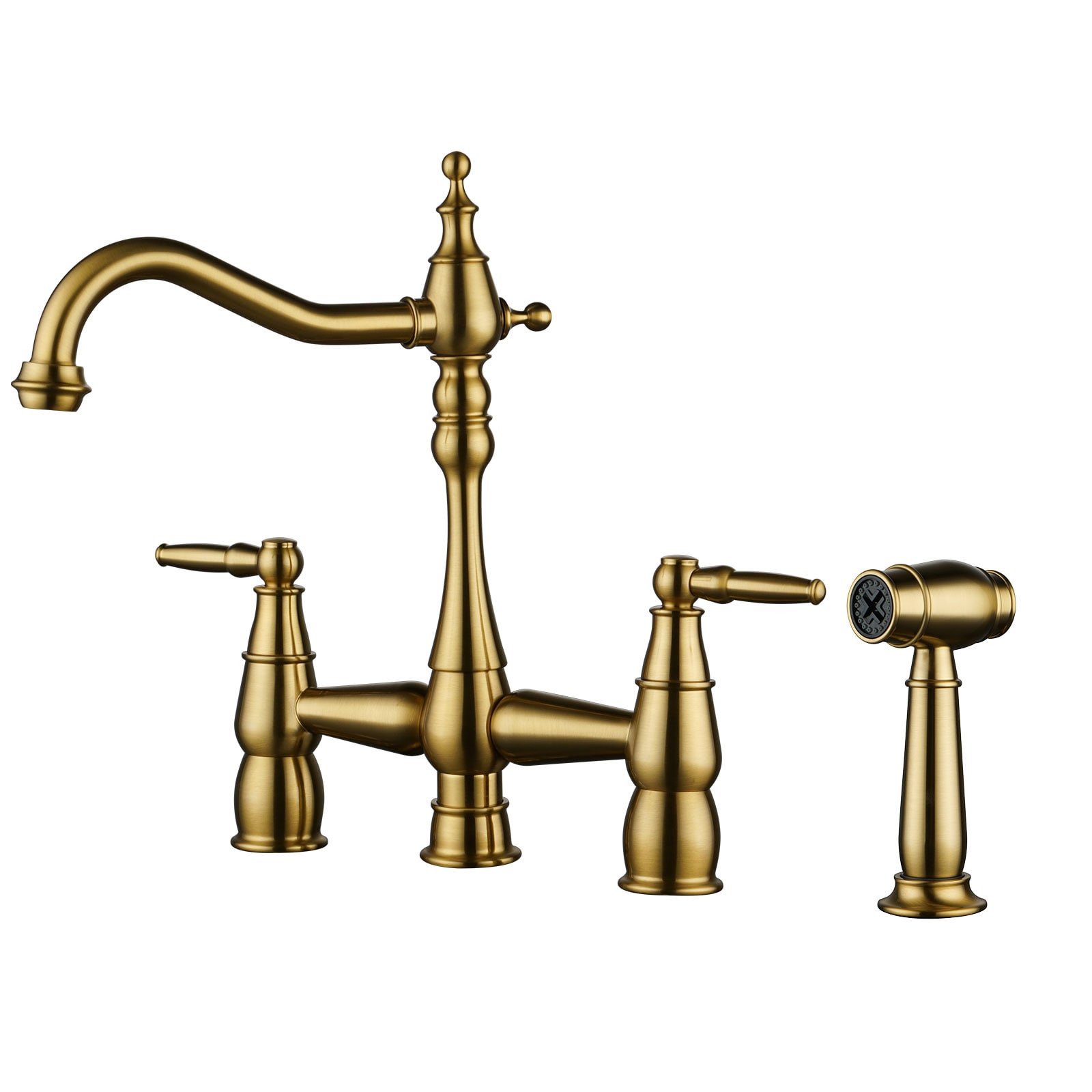 WOWOW 2317001G Gold Double Handle Deck-mount Bridge Kitchen Faucet with Sprayer (Includes Side Sprayer)