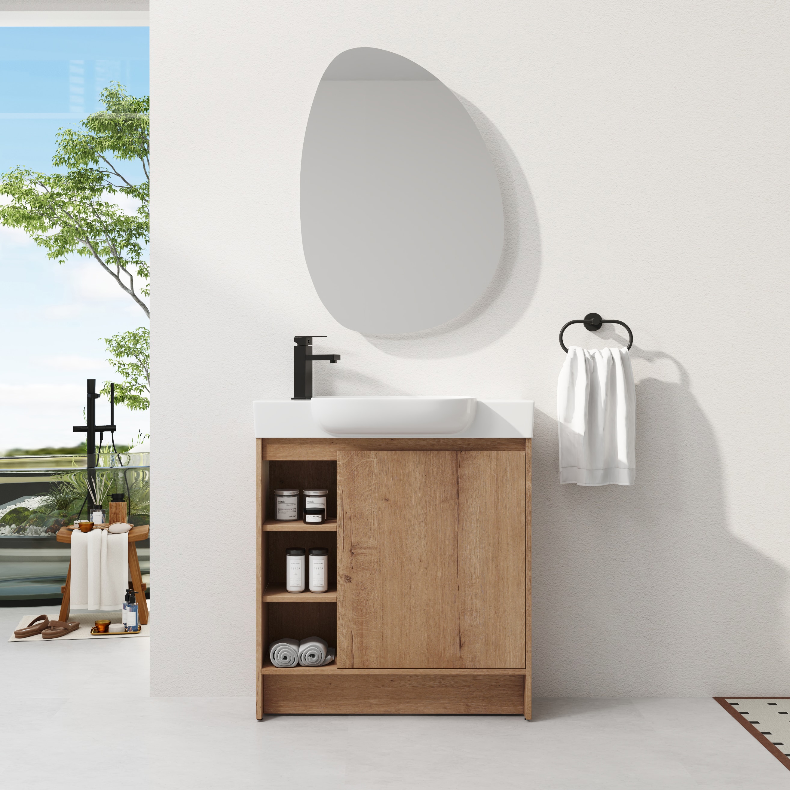 GDFStudio Aurelian Freestanding 30 in. Contemporary Bathroom Vanity with Ceramic Sink Soft Close Door and 3-Tier Open Side Storage Cabinet - Imitative Oak
