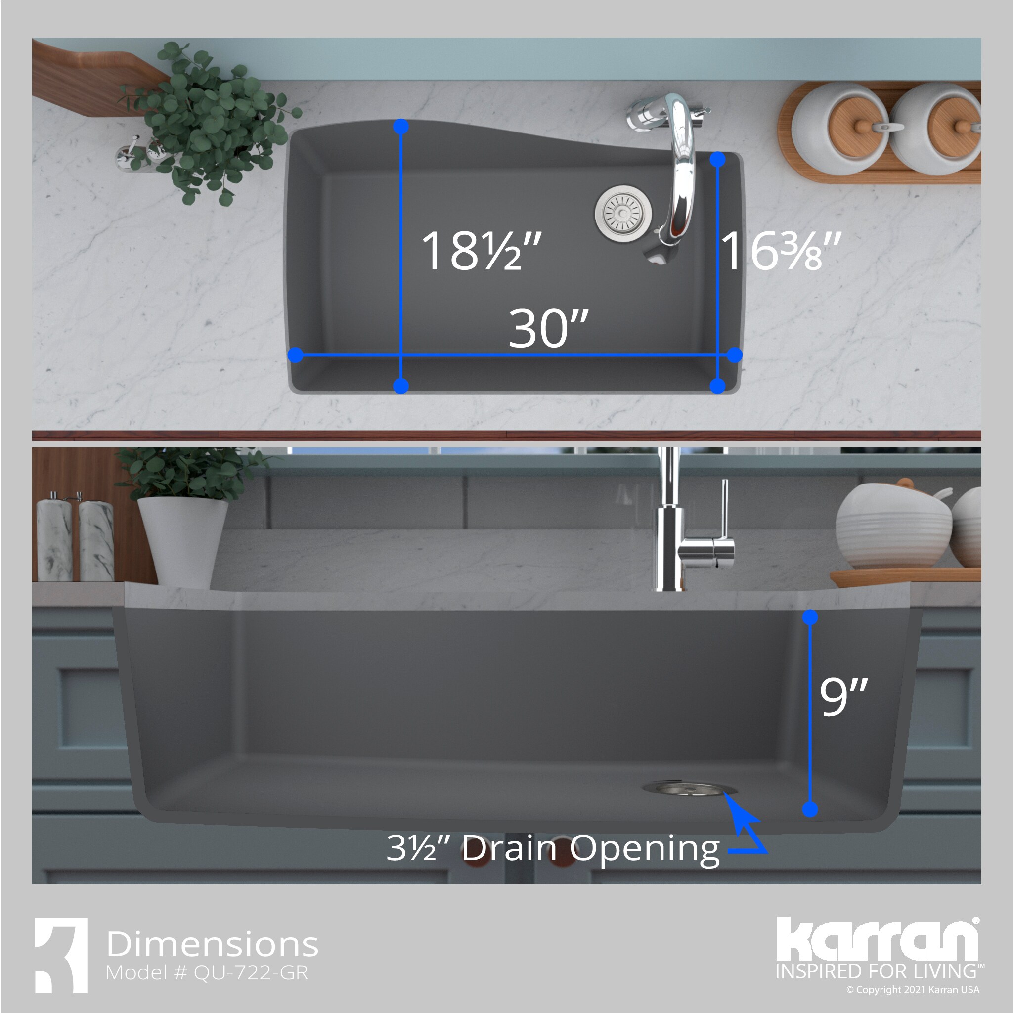 Gray Quartz Composite Single Bowl Undermount Kitchen Sink