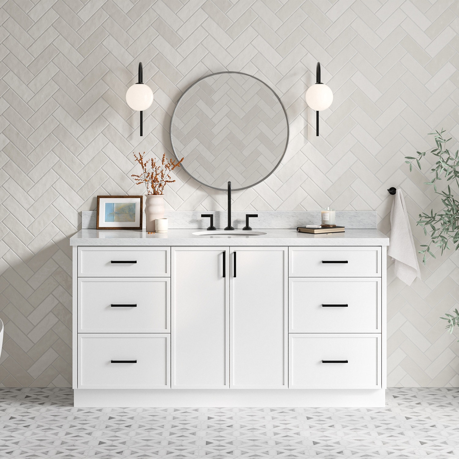ARIEL K67CWOVOWHT Kelly 67-in White Undermount Single Sink Bathroom Vanity with Carrara White Marble Marble Top