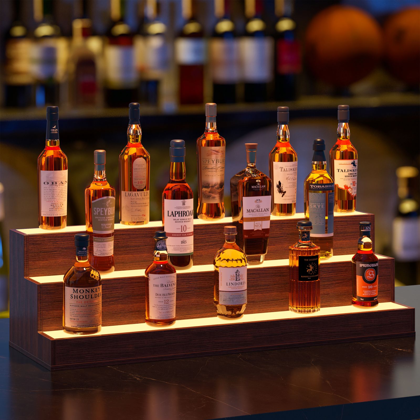 Dacicica LED Lighted Liquor Bottle Display Shelf 37 Inch Bar Display Shelf DIY Illuminated Bottle Shelf with App and Remote Control 3 Step Freestanding Holding Bottles for Home Bar Party Walnut