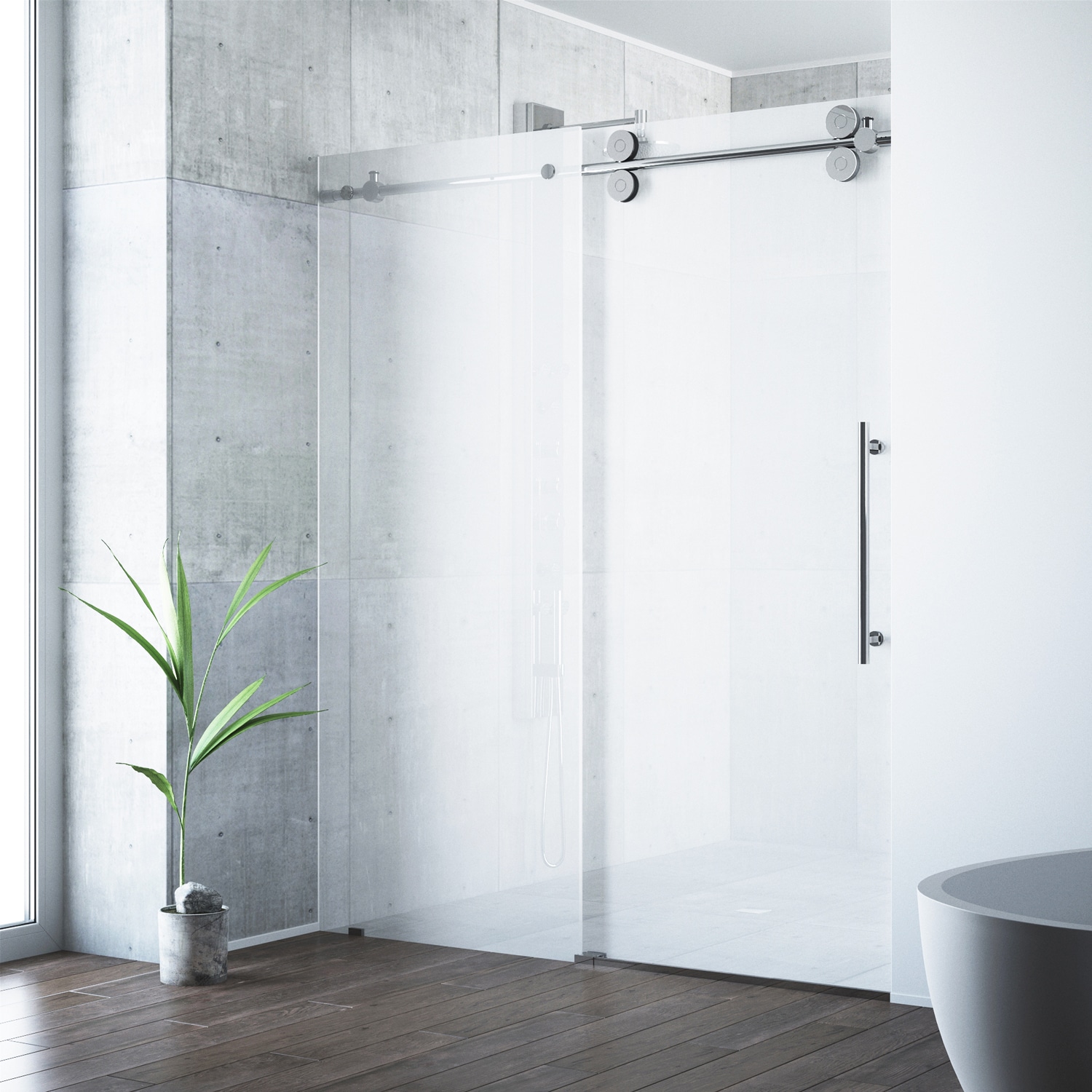 VIGO Elan Chrome 56-in to 60-in W x 74-in H Frameless Sliding Shower door 3/8-in Thick Frosted Glass #VG6041CHMT6074R