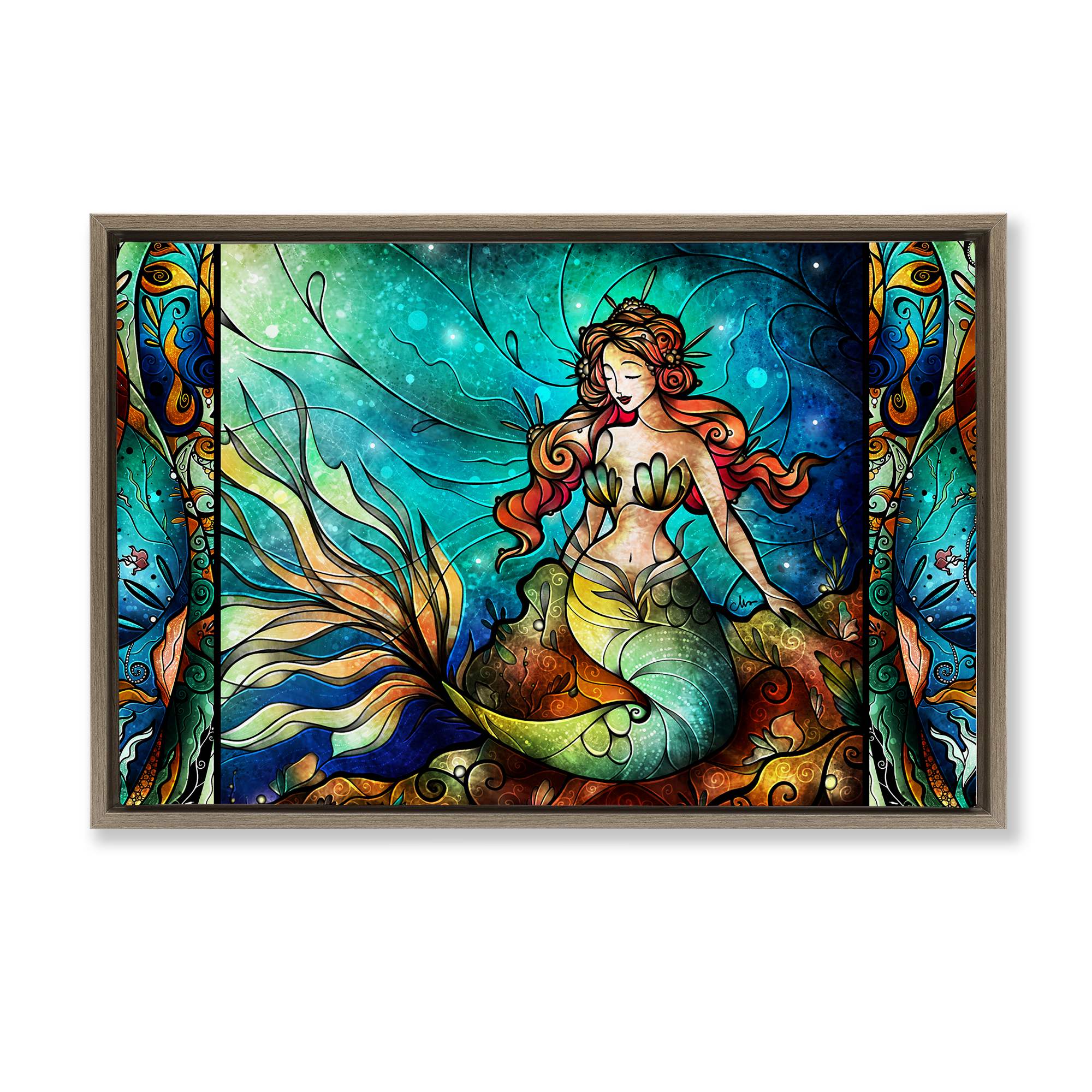 Stupell Industries BS-977-FFE-16X24 Elegant Seated Mermaid Brown Framed Floater Canvas Wall Art By Mandie Manzano 25 x 17