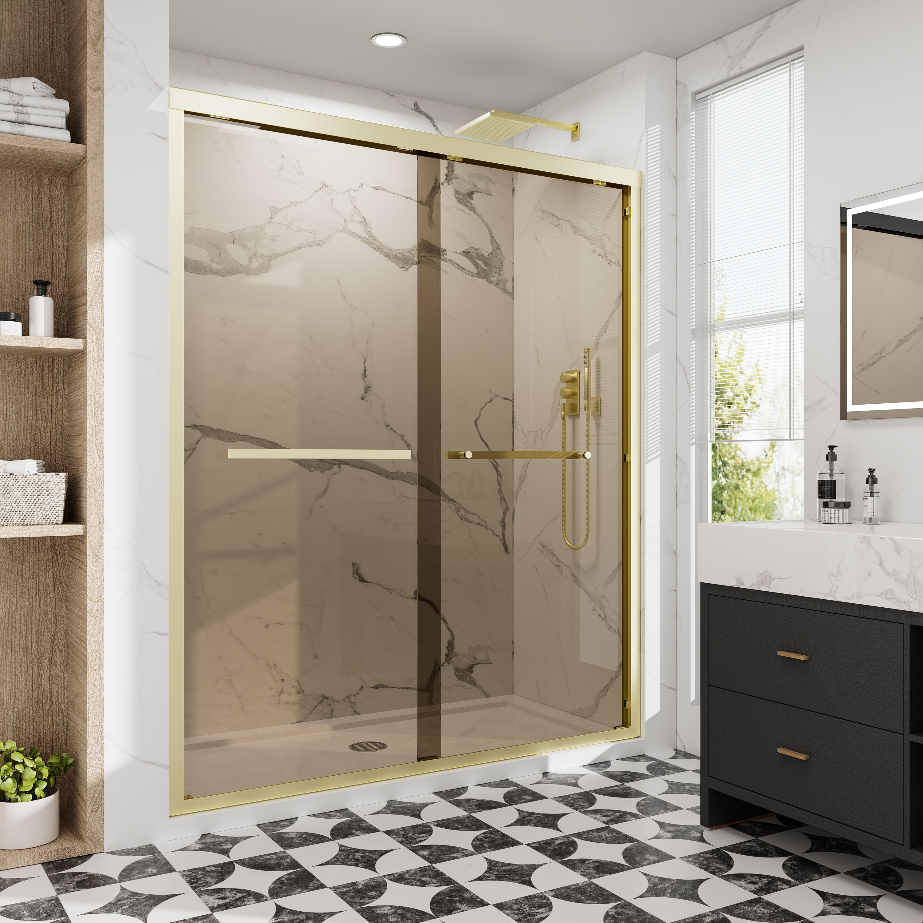 Yuaris 38-42 in. W x 72 in. H Bypass Double Sliding Framed Shower Door in Brushed Gold with 6mm Bronze Tinted Glass