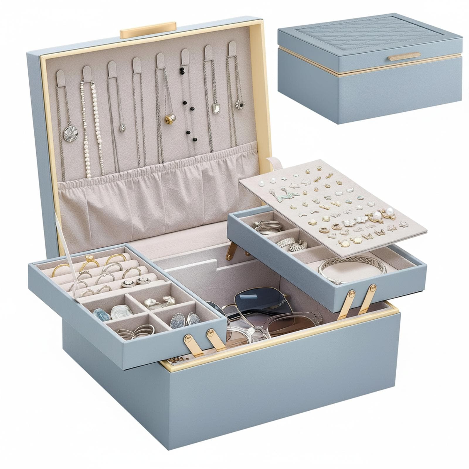 Baginizer  2 Layer Jewelry Organizer Box Foldable Expandable PU Leather with Soft Lining for Necklaces Earrings Rings Bracelets Aesthetic Room Decor Ideal Gift