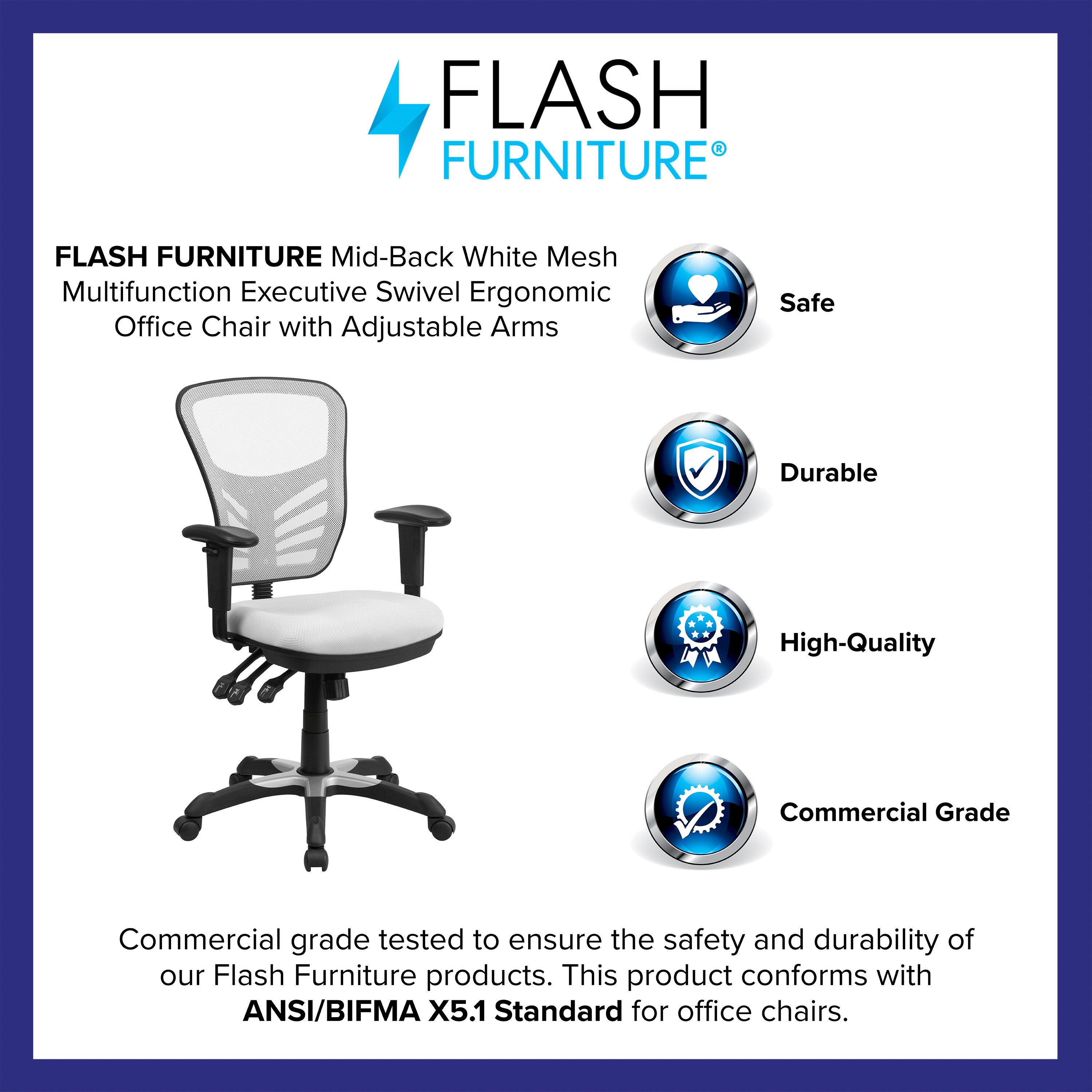 ErgoFlex White Mesh Mid-Back Executive Swivel Office Chair with Adjustable Arms