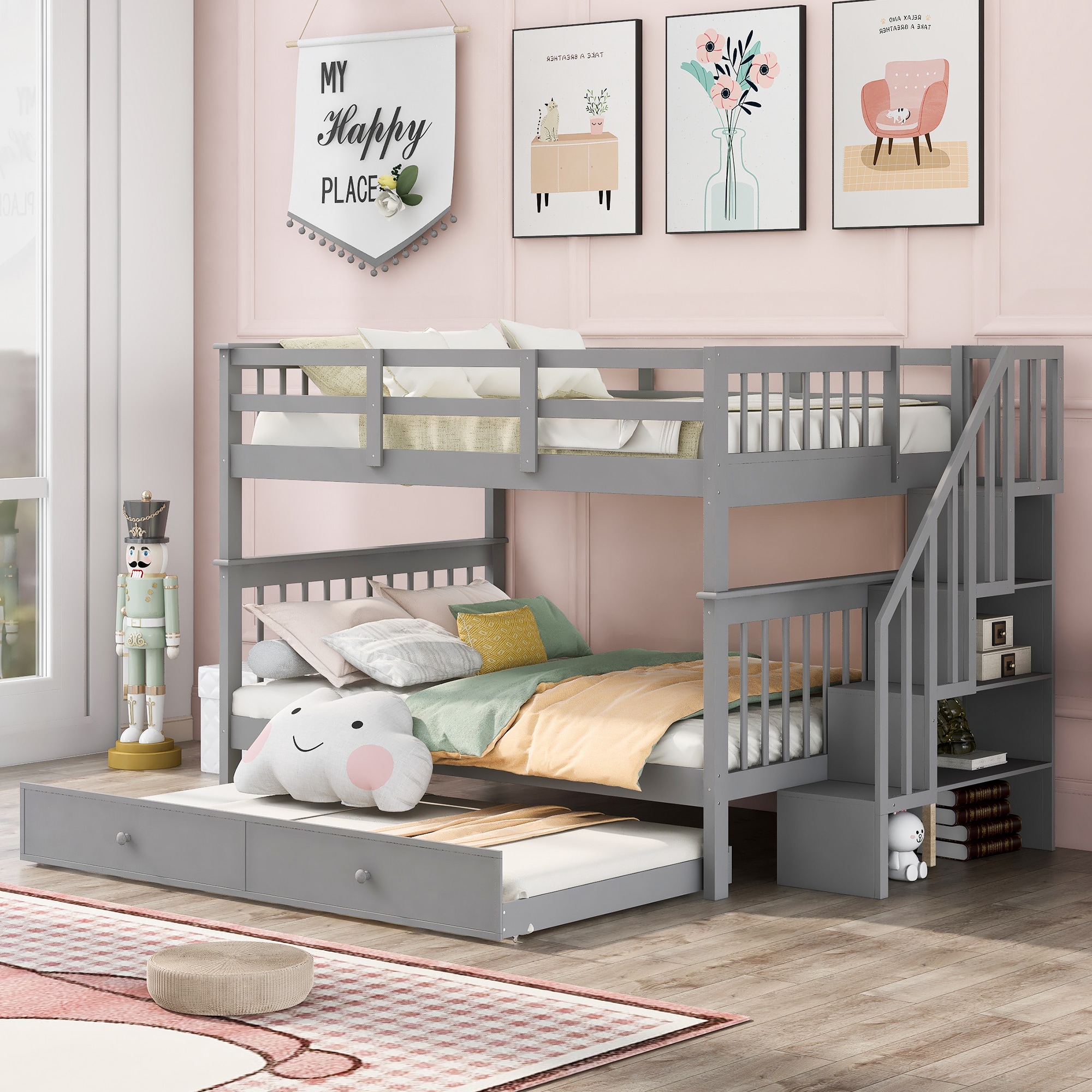 ModernLuxe LT000210AAE Stairway FullOverFull Bunk Bed with Twin size Trundle Storage and Guard Rail for Bedroom Dorm  Gray