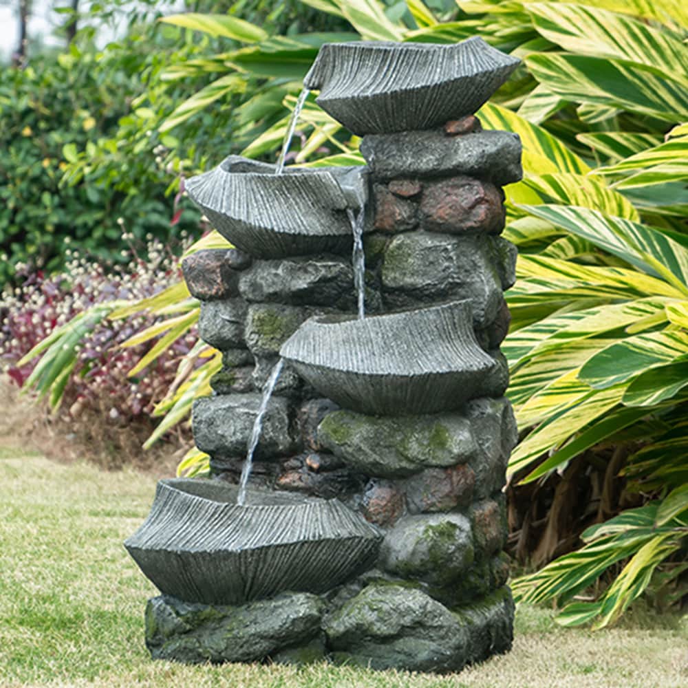 ZAKLOOP XU2078124491 31.5-in H Resin Rock Waterfall Outdoor Fountain Pump Included