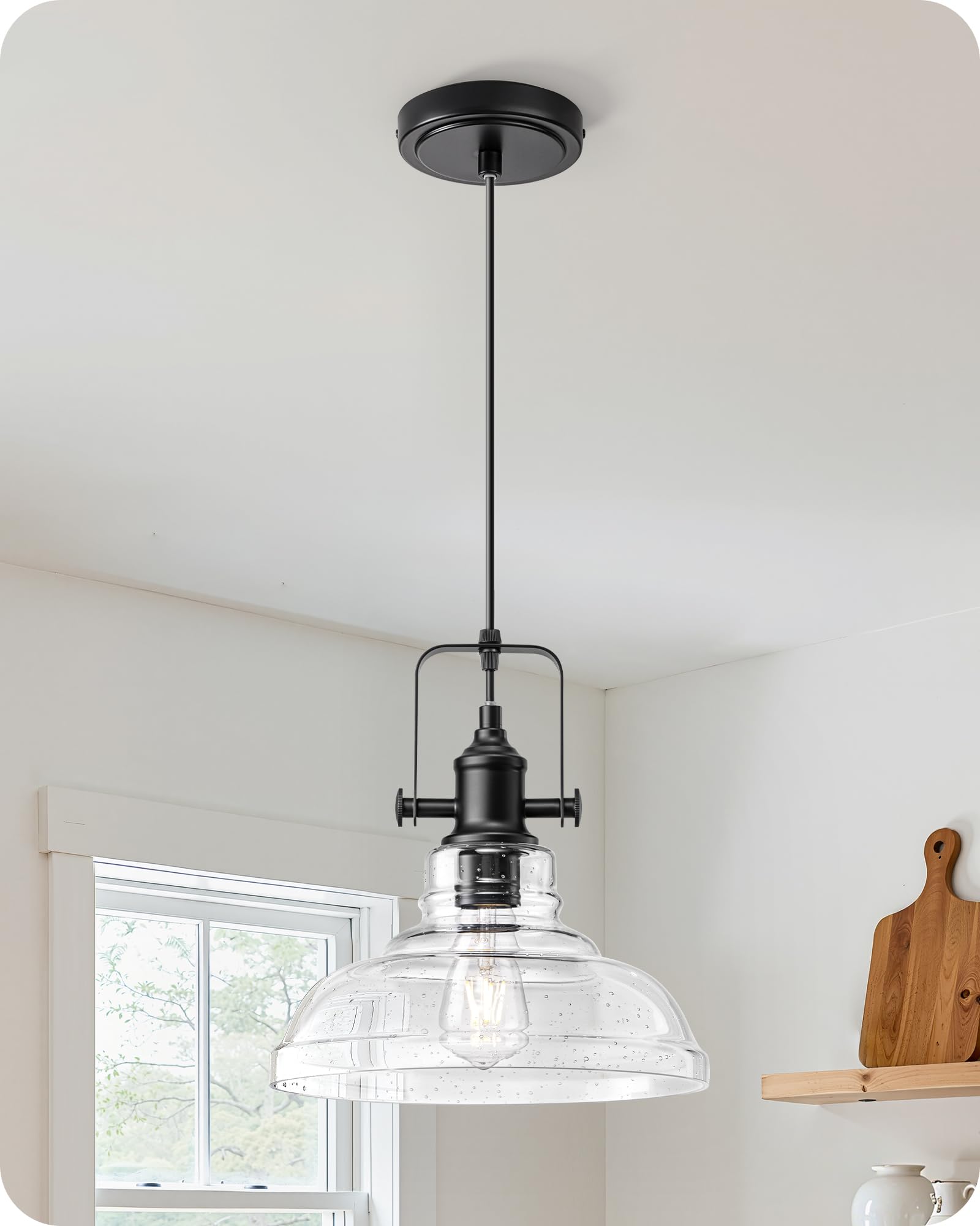 Lukvuzo -  Farmhouse Pendant Light Clear Seeded Glass Shade Hanging Light Matte Black Finish Mode...