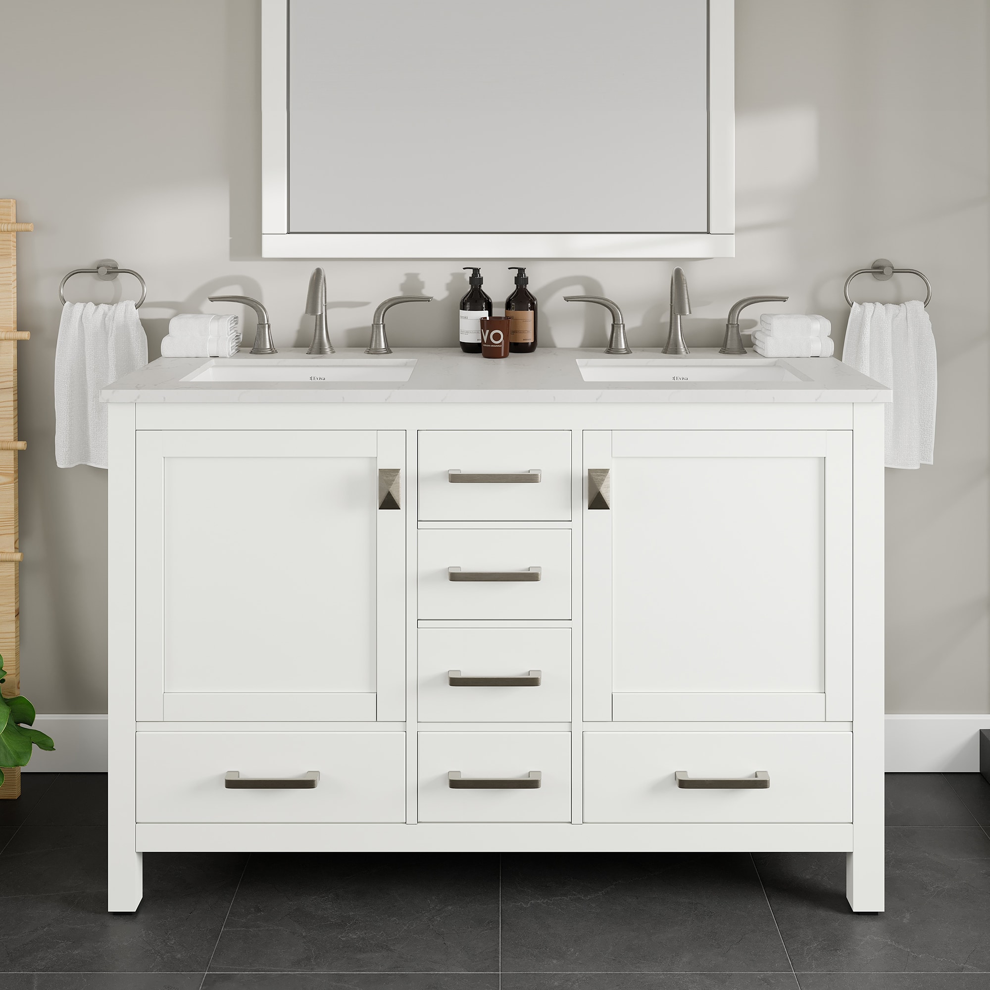 Eviva EVVN412-48WH-DS-Q Aberdeen 48-in White Undermount Double Sink Bathroom Vanity with White Quartz Top