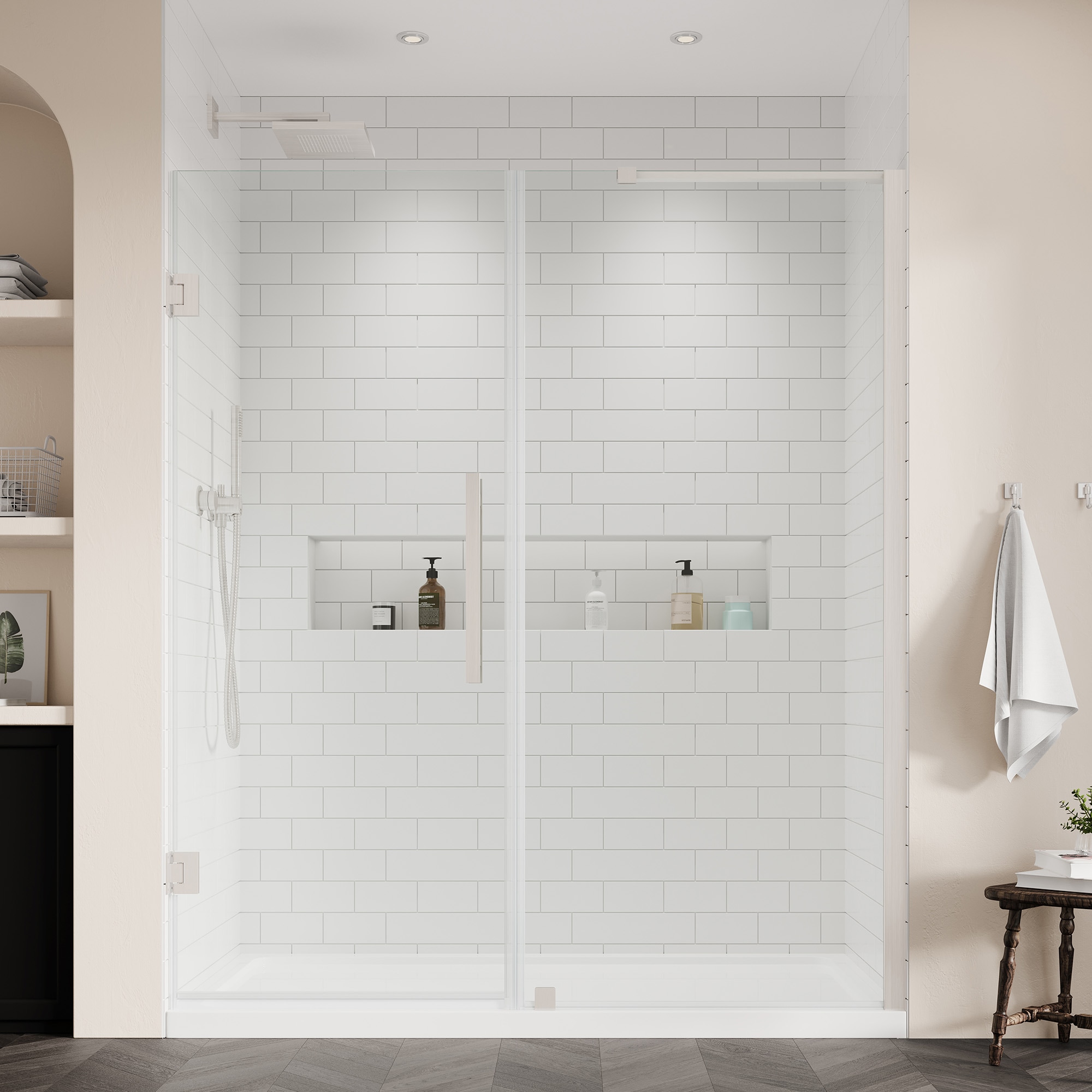 OVE Decors 828796061094 Tampa-Pro 60-in W x 32-in L x 75-in H Rectangular Alcove shower kit ( Reversible Drain) Base and Door Included Brushed stainless steel Hardware Included