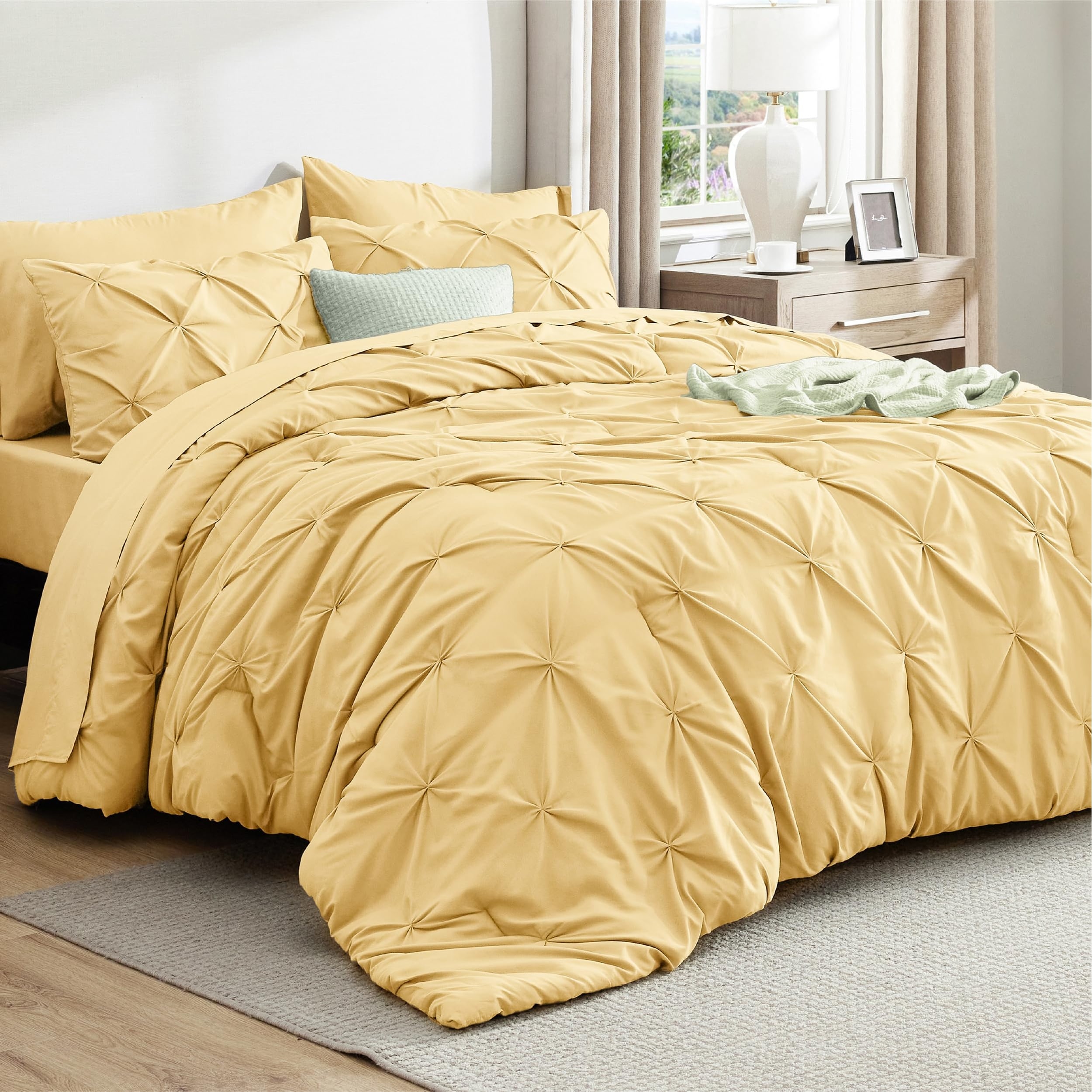Bedsure 104x96 Cal King 7-Piece Yellow Pintuck Bed in a Bag