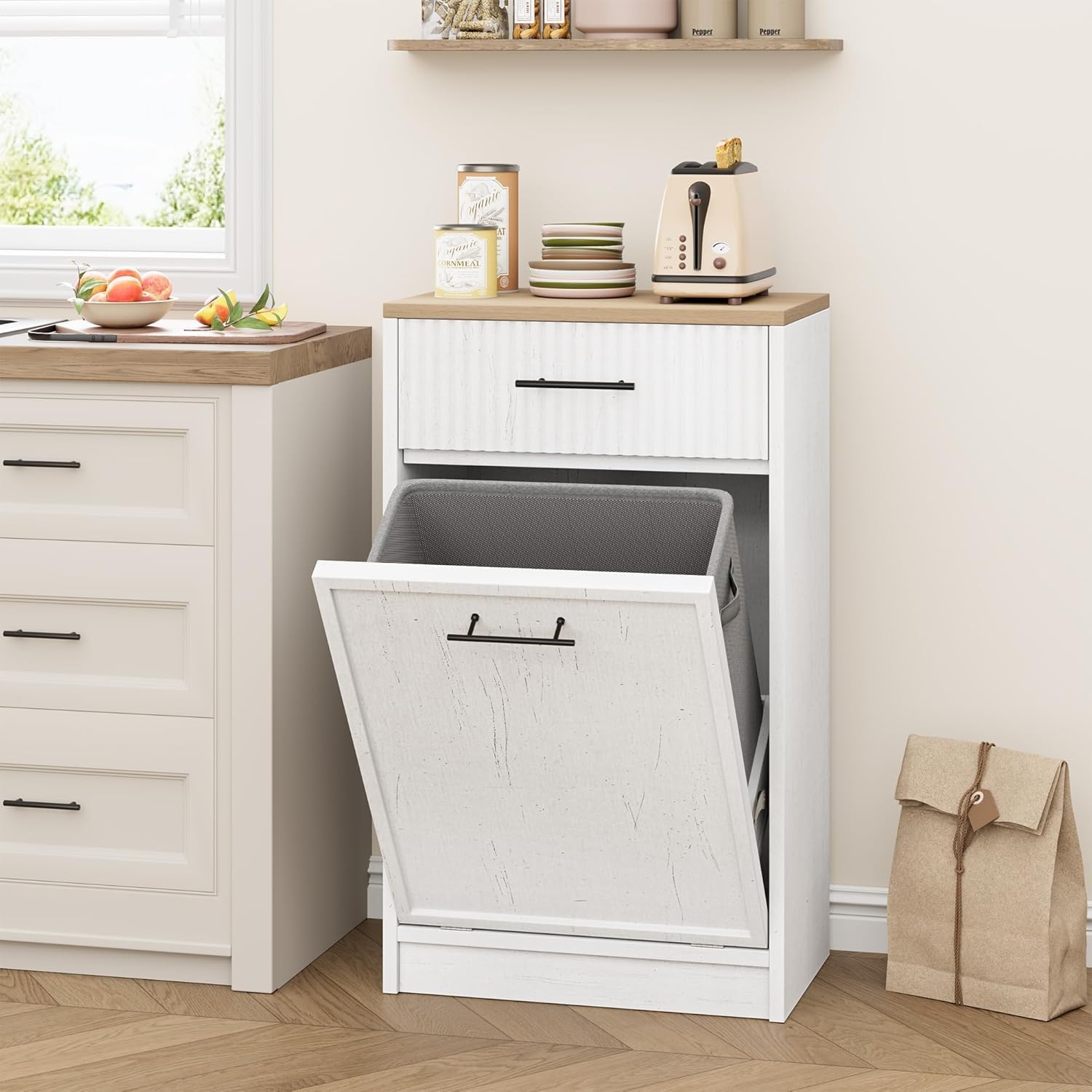 GAOMON Fluted Tilt Out Trash Can Cabinet 10 Gallon Hidden Garbage Bin Storage Wooden Kitchen Organizer White