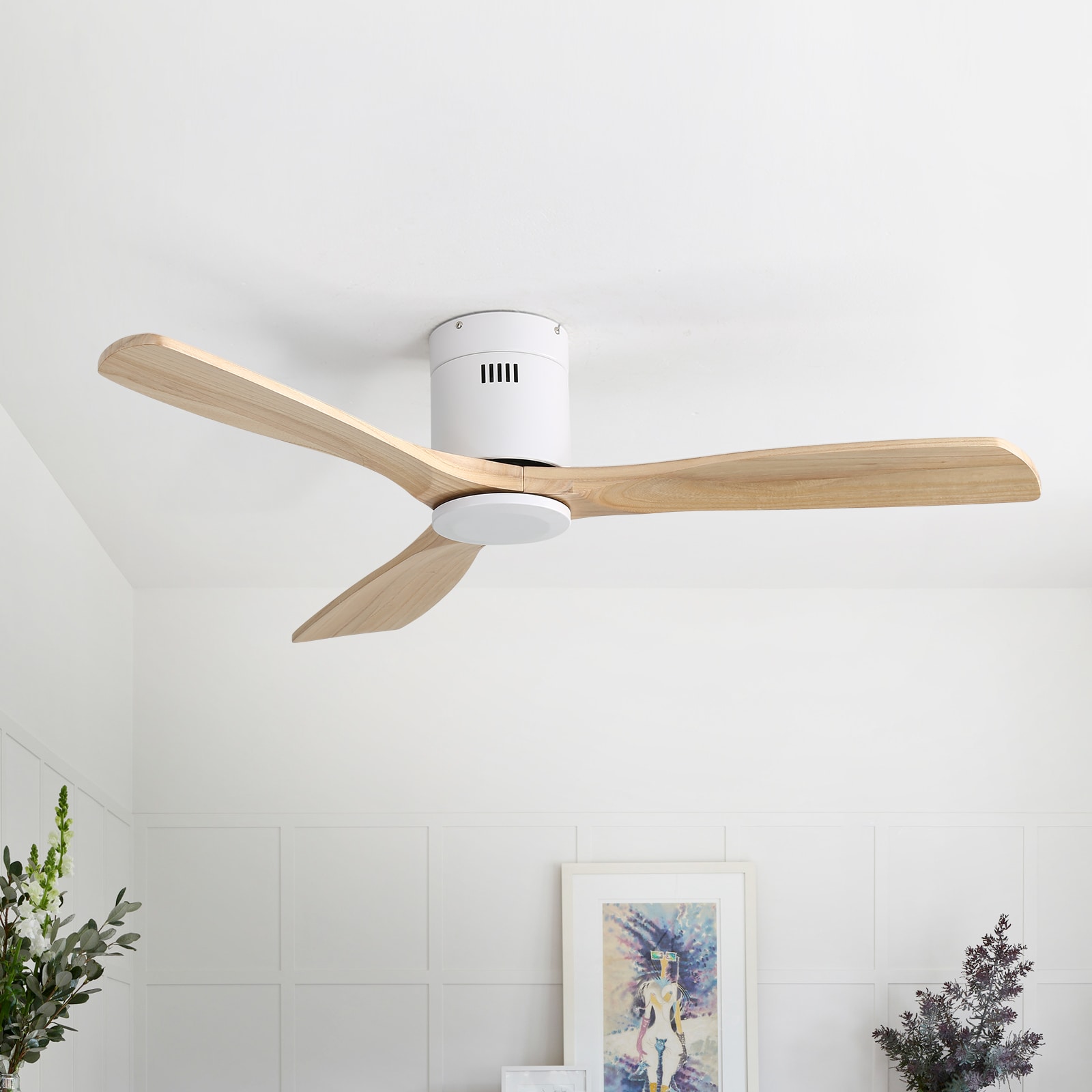 Sofucor LS-52143-WH-WD-YM-W 52143WH 52-in Flush Mount White with Wood grain Blades Ceiling Fan Without Light - Remote Included ( 3 -Blade )