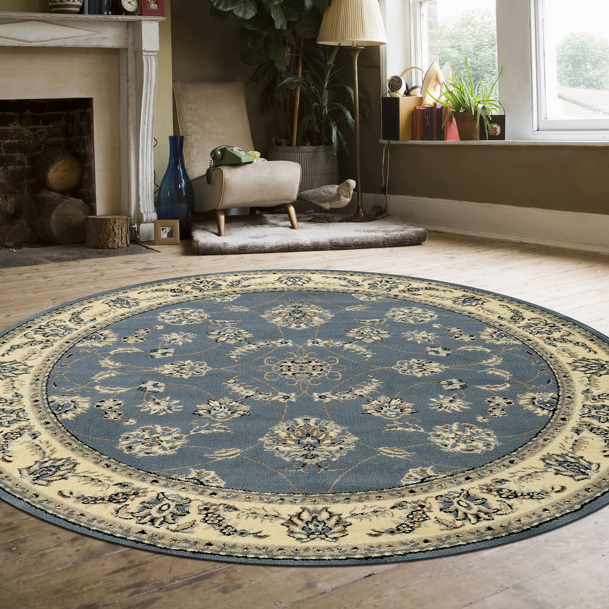 Alba 5'3" Round Grey/Blue Synthetic Traditional Rug
