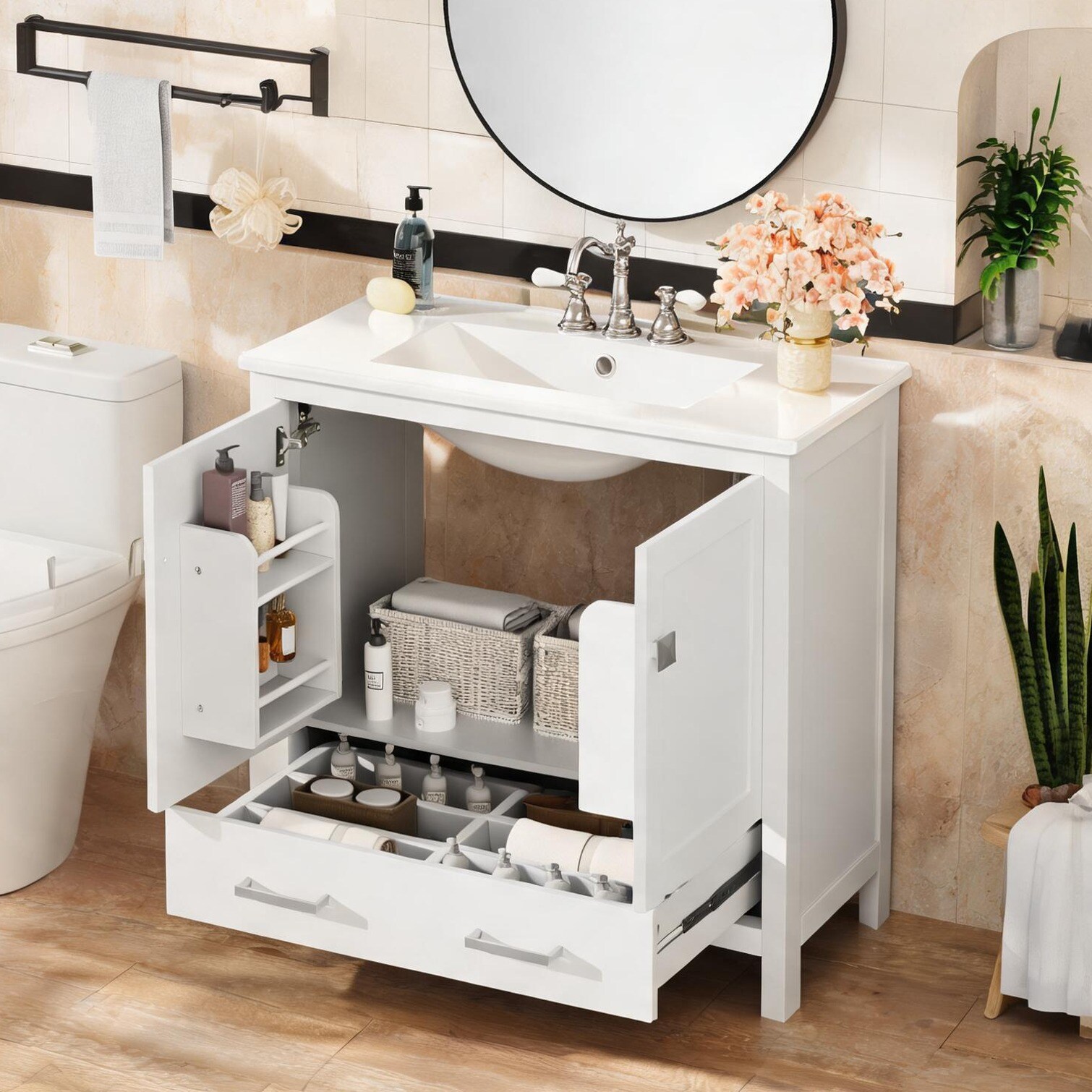 Watnature White-toned 36-inch bathroom vanity with ceramic sink for organized modern storage