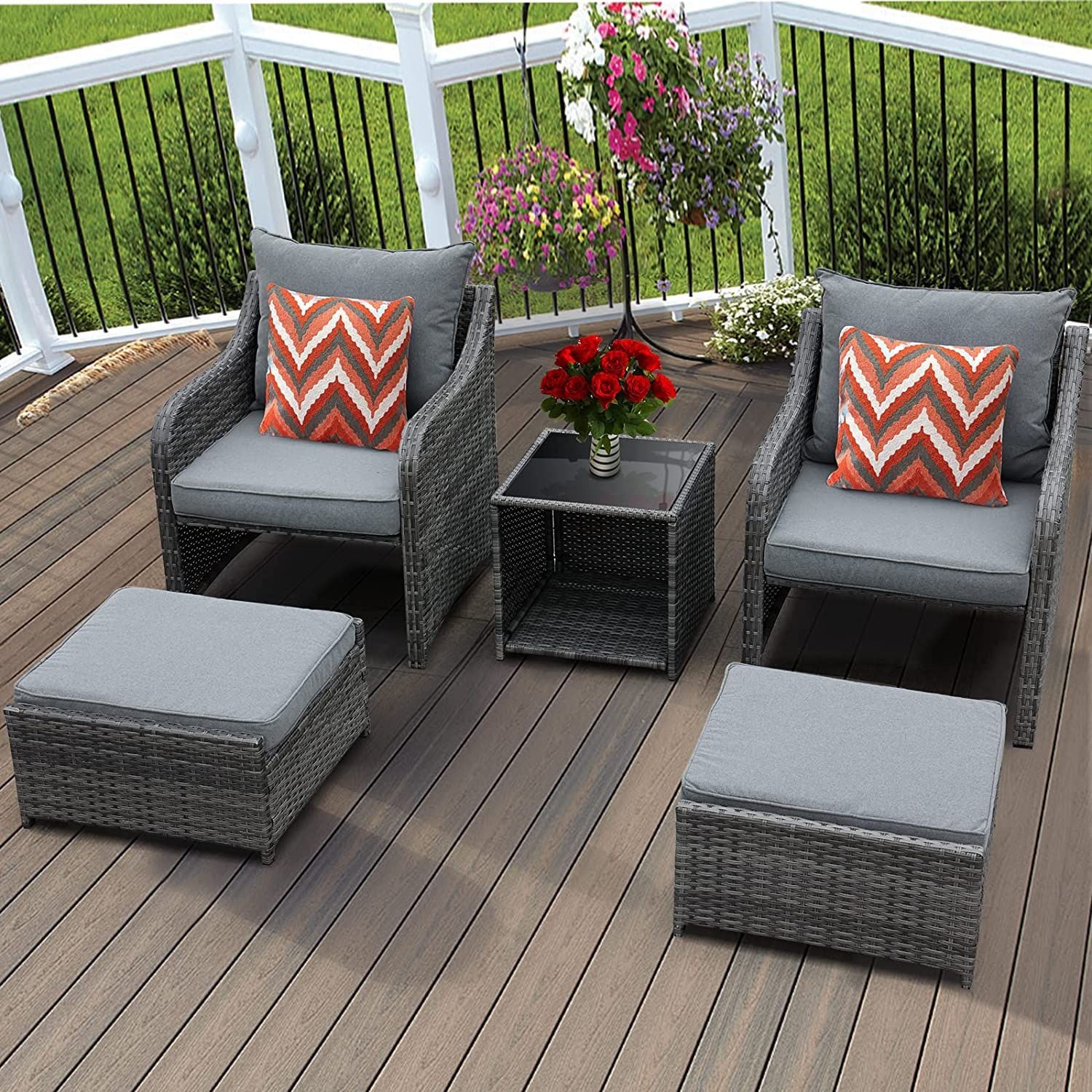SANSTAR LRS-2021-GR Patio Coversation Set 5-Piece Rattan Patio Conversation Set with Gray Solution-dyed Fabric Cushions