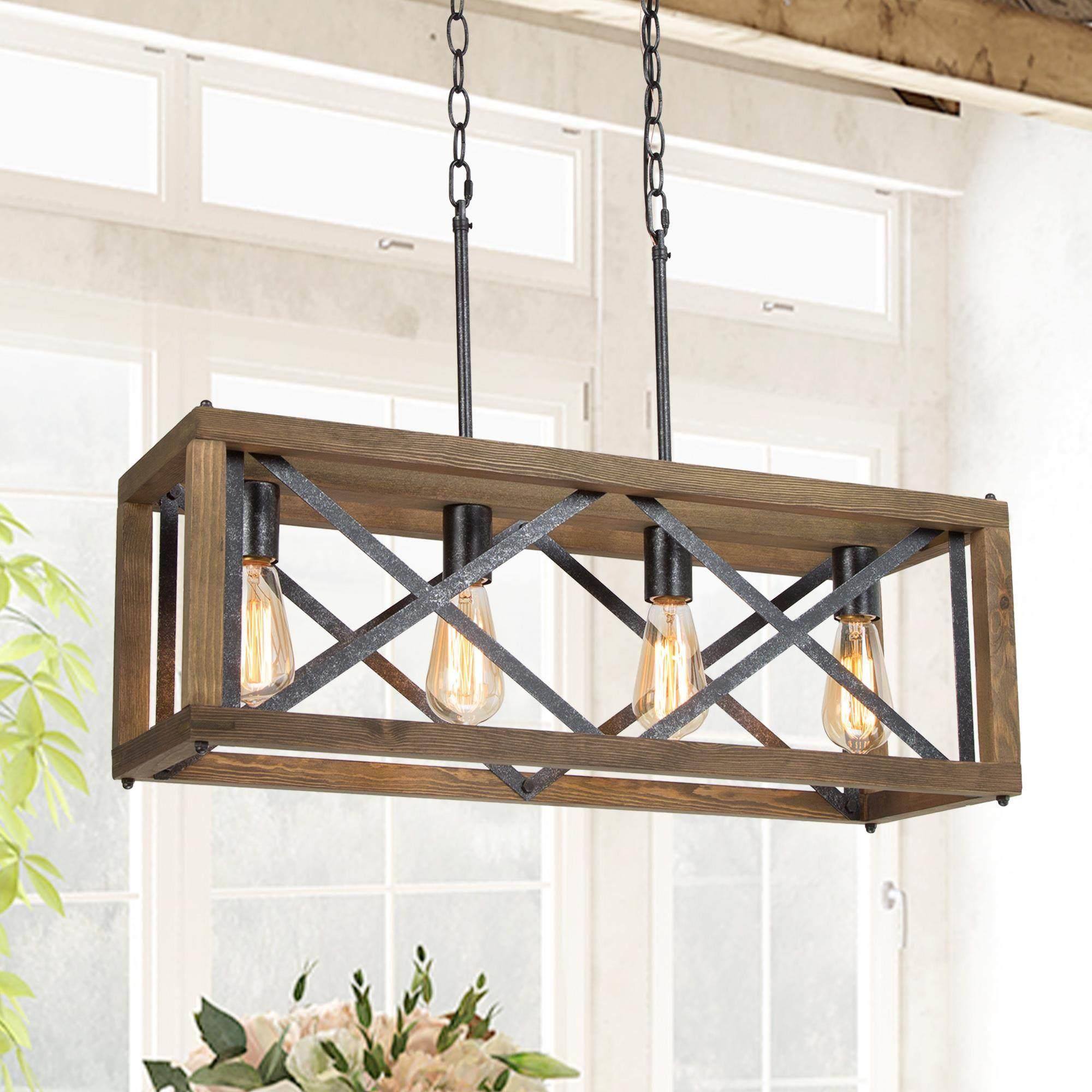 LNC RF2QZULWS395757 Laius 4 -Light 27.5'' Antique Black and Brown Wood Grain Farmhouse Linear Large Hanging Kitchen island light