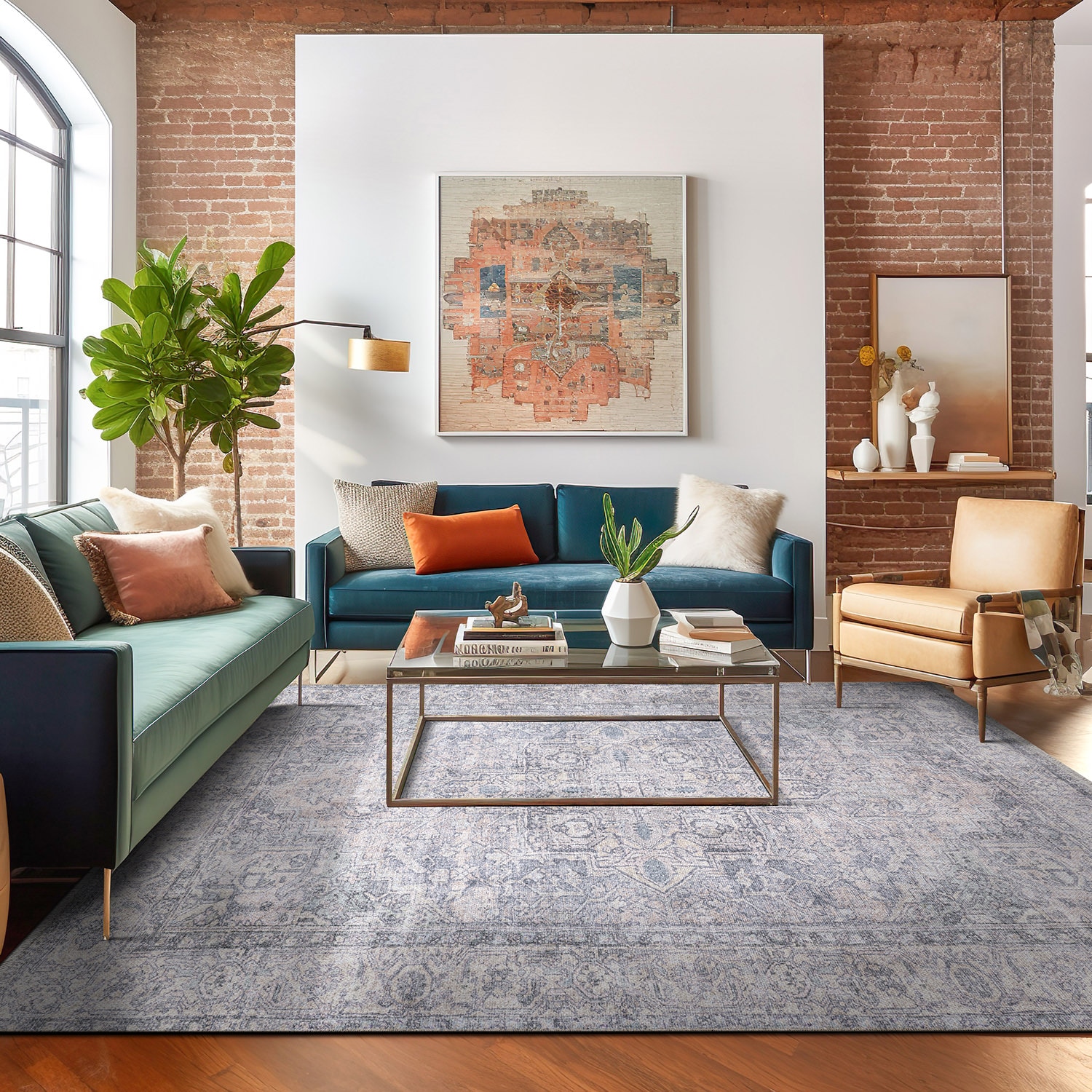 Blue Synthetic Flat Woven Medallion 10' x 14' Washable Rug