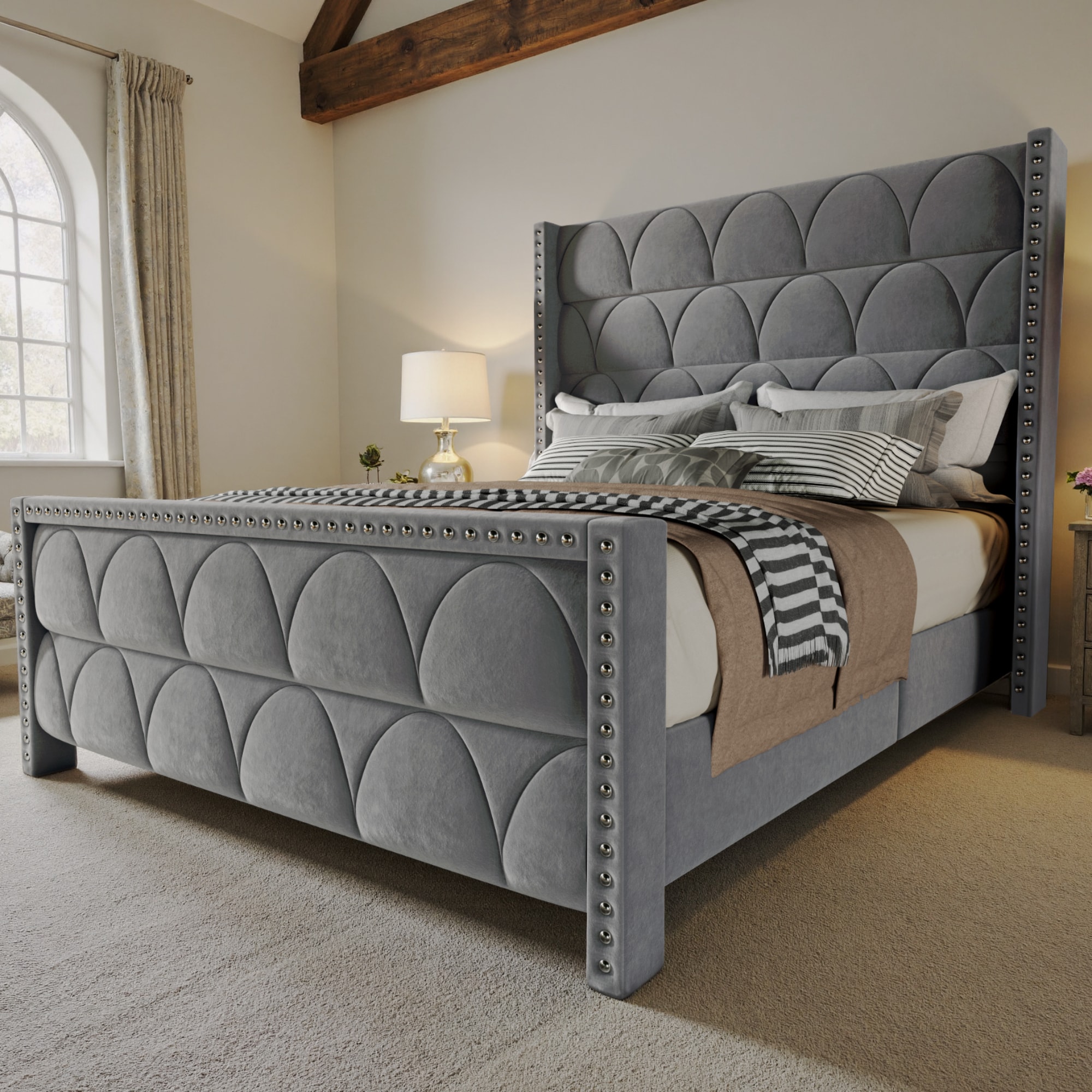 BrooveWave 56-in Gray Queen Size Velvet Upholstered Wingback Platform Bed Frame with Tall Headboard and Noise Free Design and Sturdy Wooden Slat Support