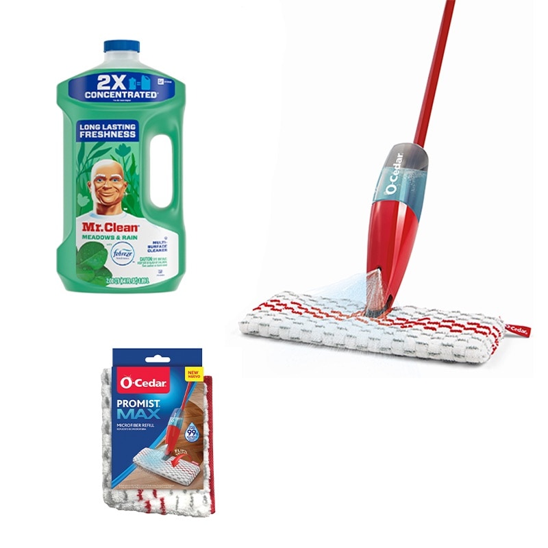 O-Cedar  Spray Mop, Mr. Clean Meadows and Rain All Purpose Cleaner, and Microfiber Refill