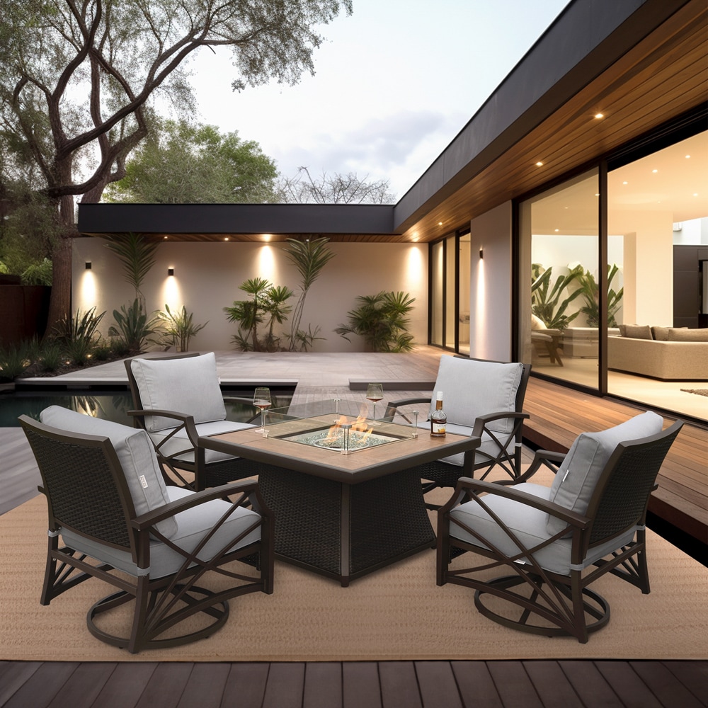 Kinger Home FP-001TBRN-SET-GRY ELIO 5-Piece Wicker Patio Conversation Set with Gray Cushions