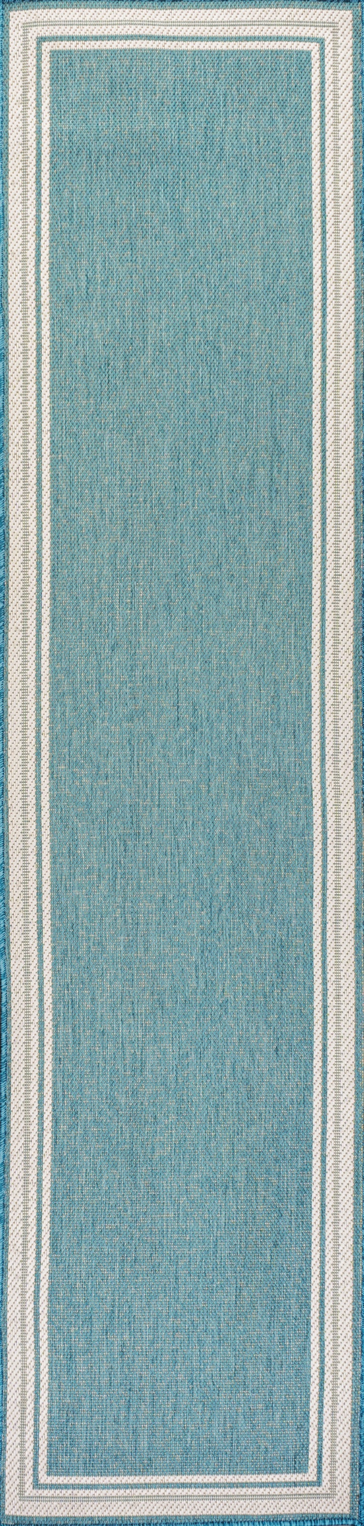 Aqua and Beige Stripe Synthetic Reversible Indoor/Outdoor Rug