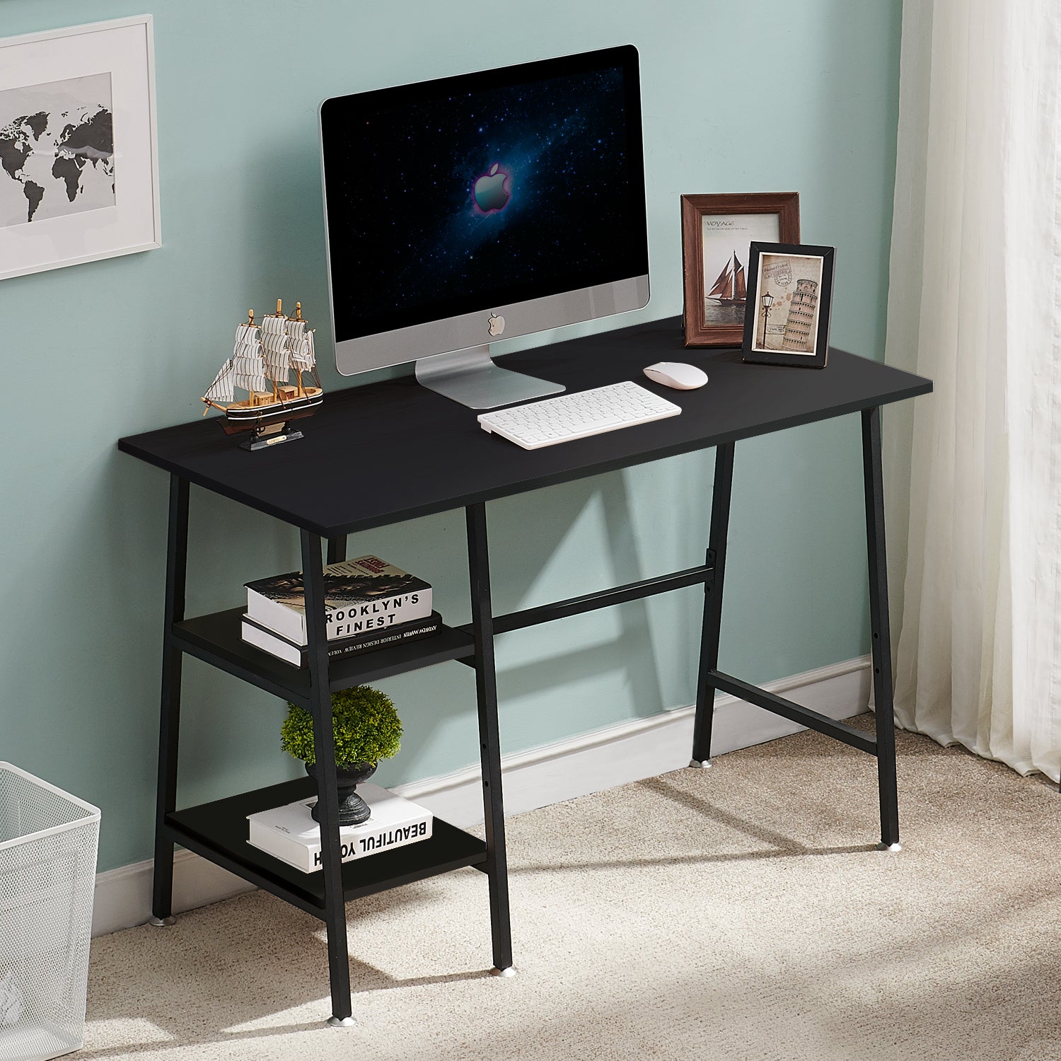 Vecelo LOE-DC-CD01-BLK 43 Inch Computer Desk with Storage Shelves Home Office Writing Desk Study Table for Small Space