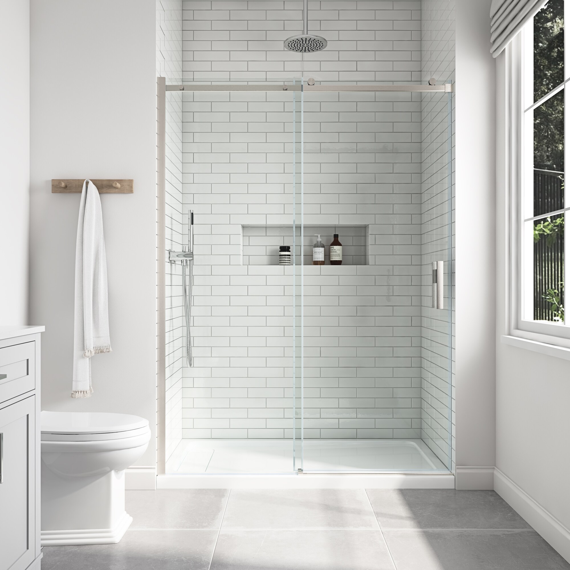 allen + roth Davidson Satin Nickel 55-11/16-in to 60-1/16-in W x 78.75-in H Frameless Sliding Shower Door