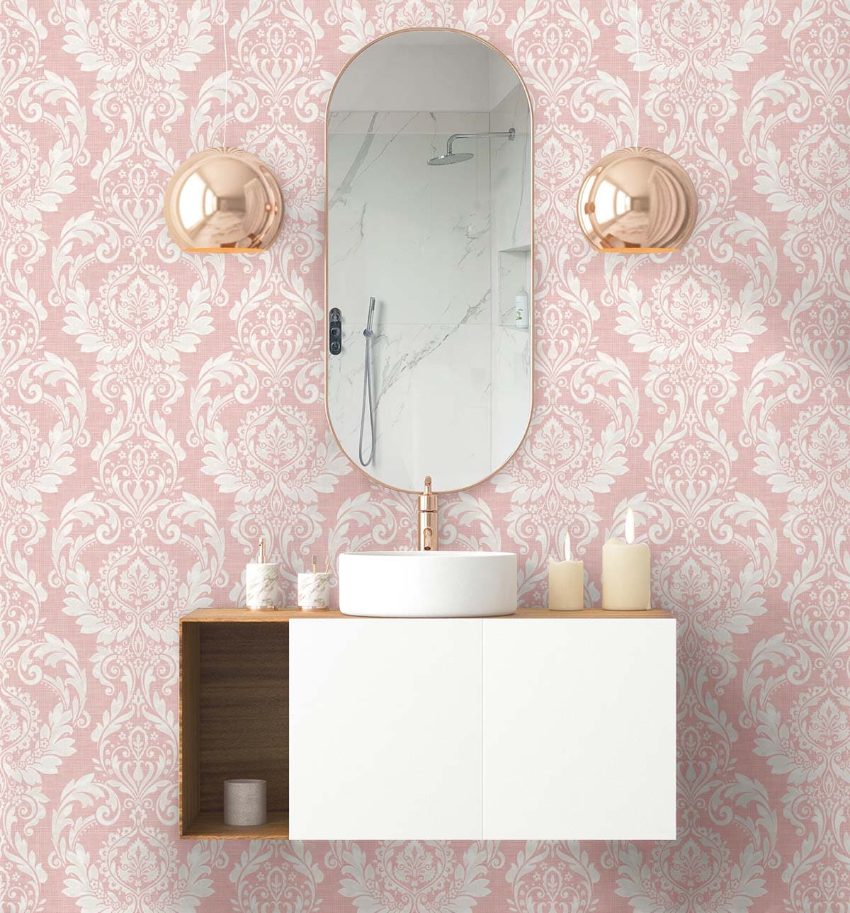 Light Pink Damask Self-Adhesive Repositionable Wallpaper